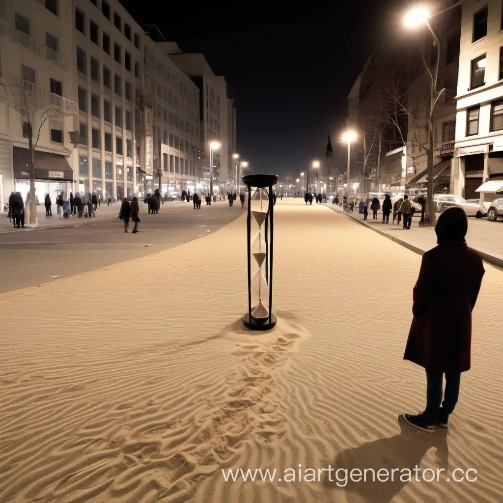 Ночь. огромные песочные часы стоят в центре улицы города, по тротуарам ходят люди, а перед часами стоит один человек