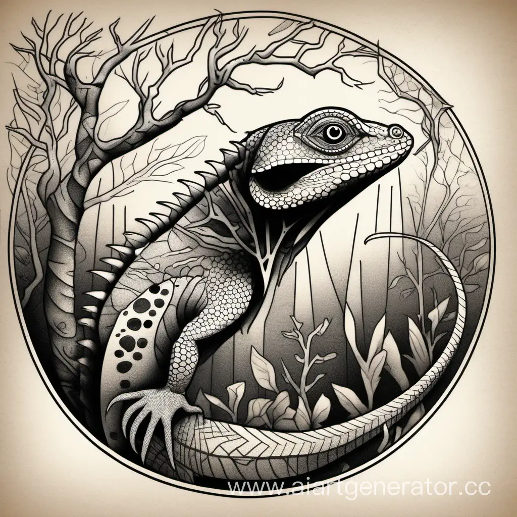 Чёрно-белый эскиз татуировки ящерицы, внутри которой изображены деревья