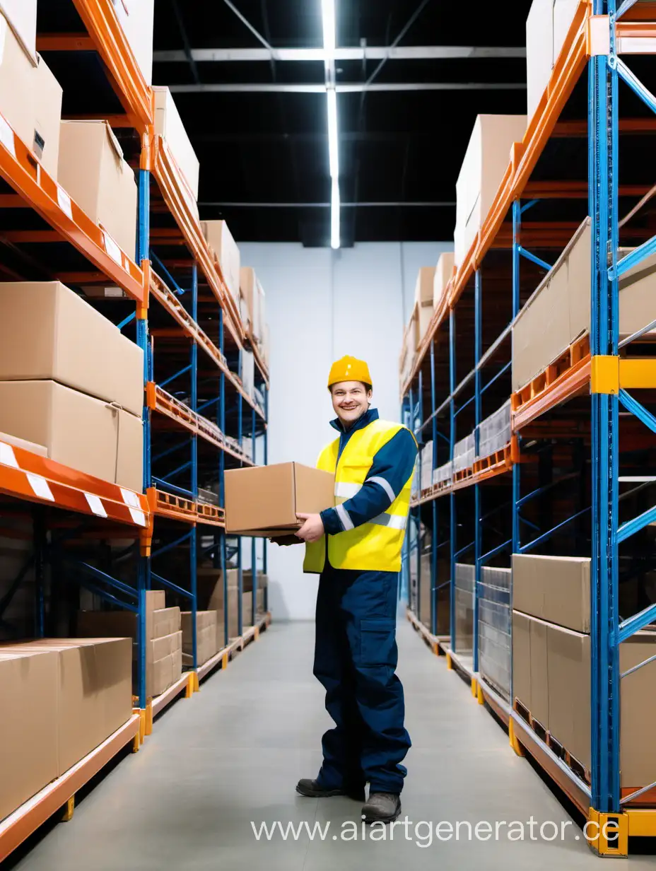 Cheerful-Warehouse-Worker-in-Unique-Apparel-Amidst-Rows-of-Shelves-and-Industrial-Refrigerators