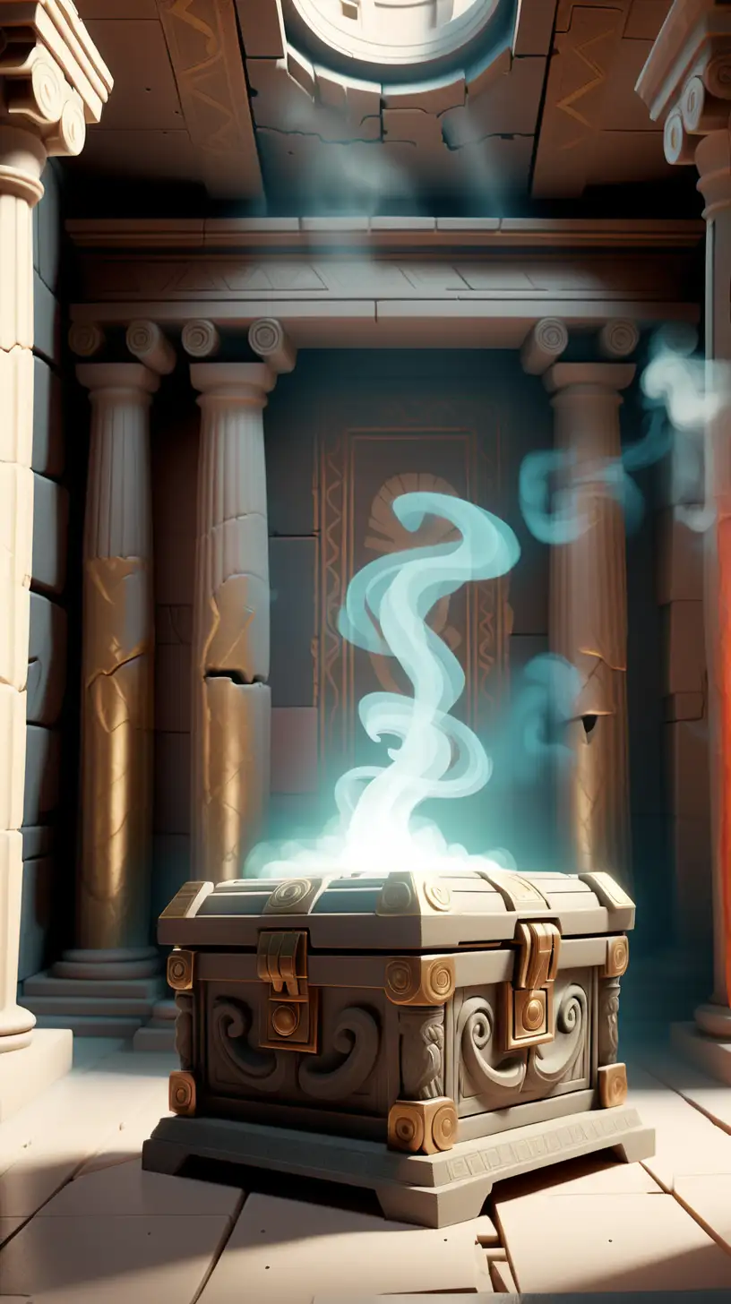 a small ornate wooden box in an ancient greek temple room, the chest is only slightly open, smoke and light rays are spilling out of the chest, in the style of Wreck It Ralph in the style of Wreck it Ralph