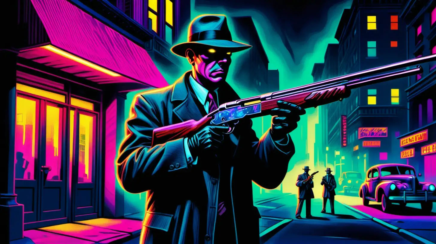 Detailed Image of a private detective holding a shotgun in a downtown street, circa 1940, neon, Neo-Expressionism Art style.