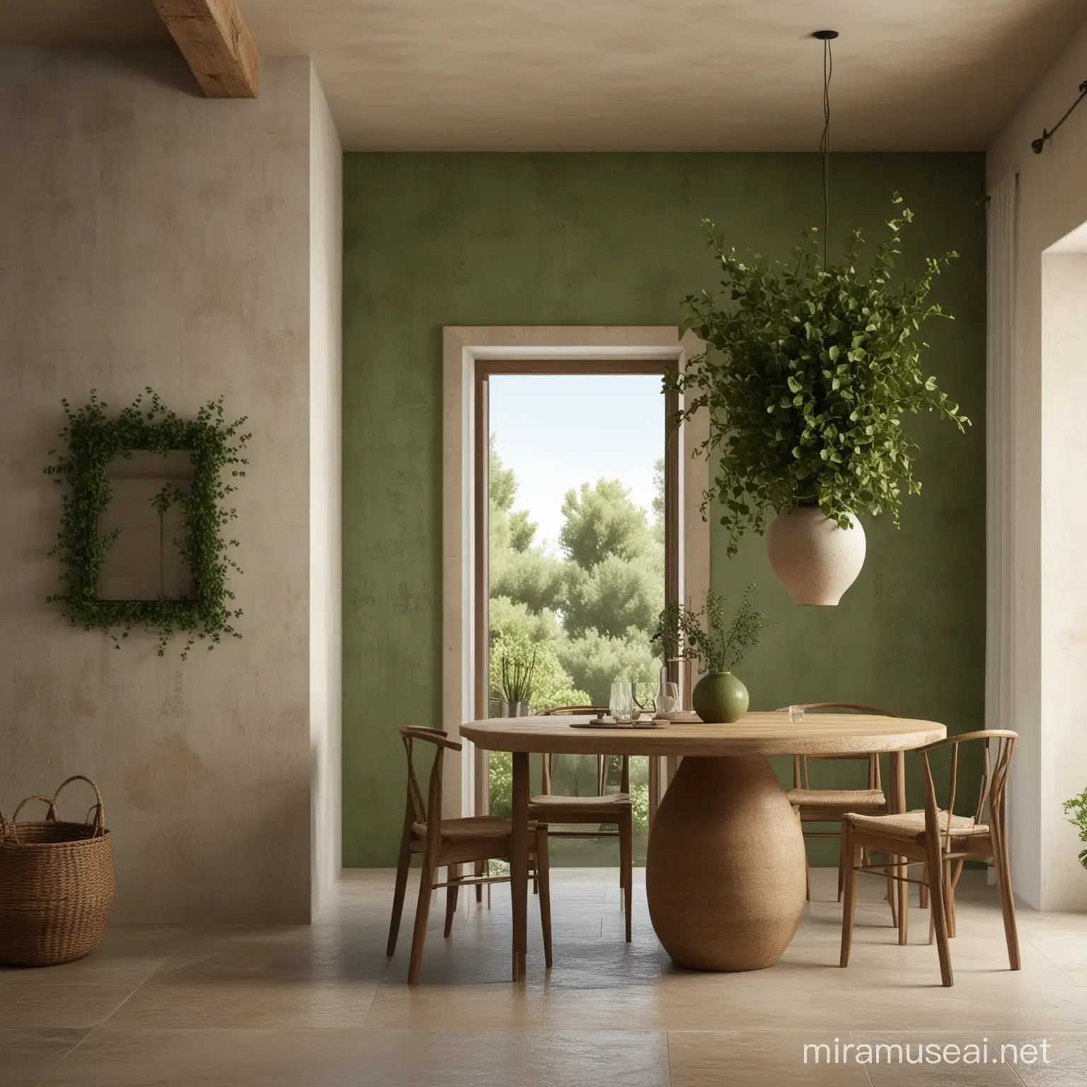 
Close up  of an Greek inspired monolithic contemporary minimal but rustic Mallorcan house dining room of a an empty ivy green colored wall close up, furnished in gorgeous Wabi Sabi huge vase as decoration, in a high quality architectural visualization, using 3D modeling software with photorealistic materials and advanced lighting techniques