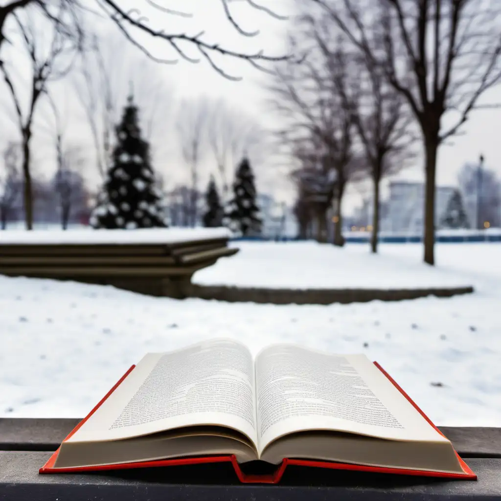 książka w parku na ławce w zimowej scenerii