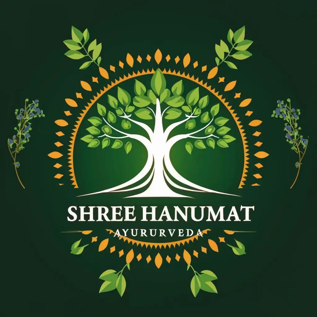 logo, Tree,sun,leafs,herbs and ayurveda, with the text "SHREE HANUMAT AYURVEDA", typography