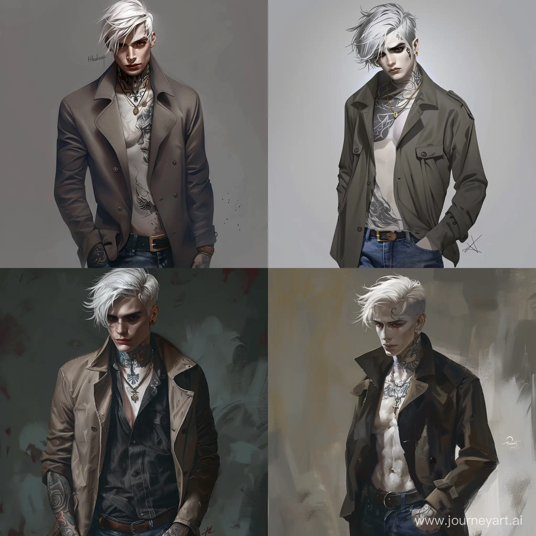 Handsome guy, white hair, dark brown eyes, white skin, 19 years old, neck tattoos, wearing a coat shirt and jeans, high quality, high detail, realistic art