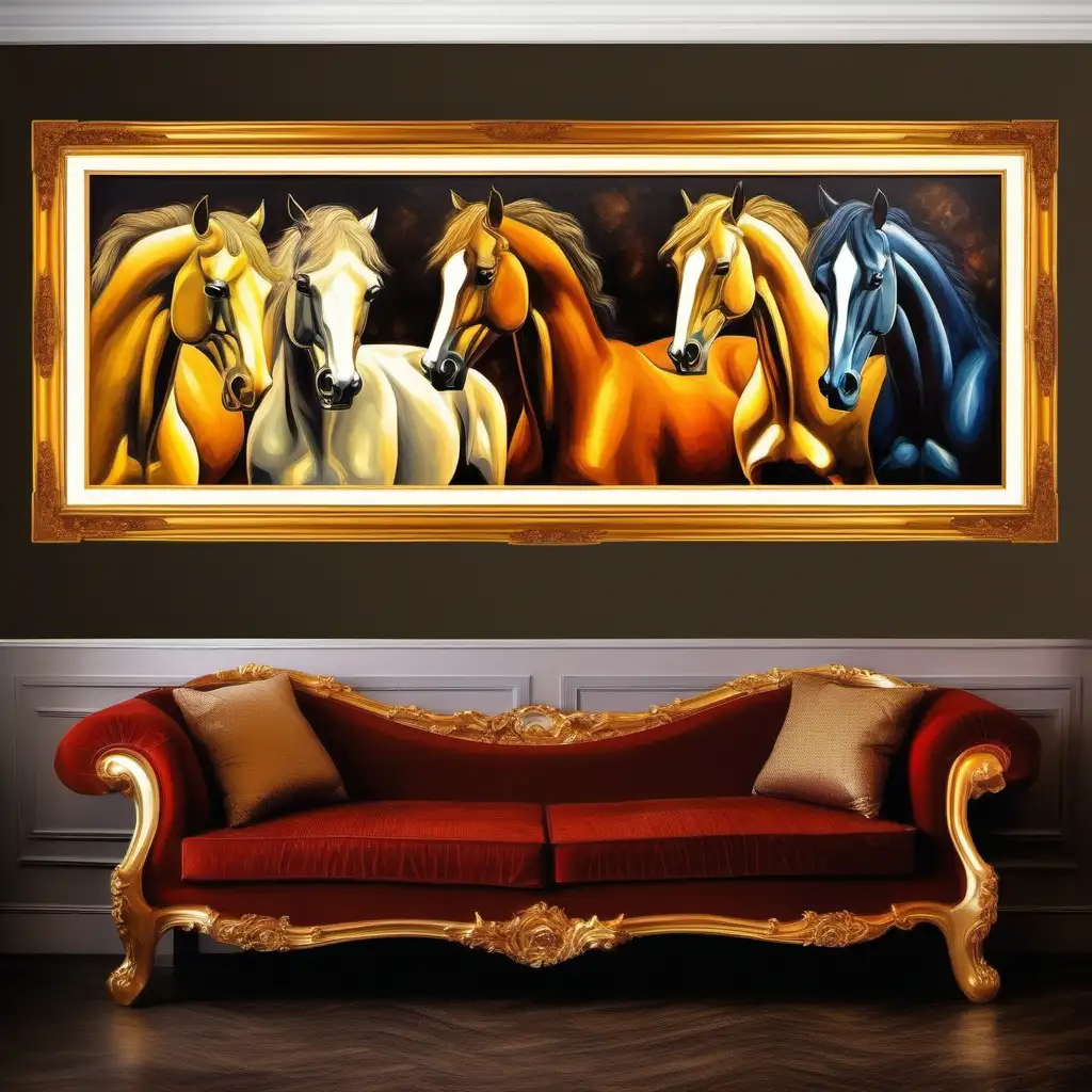 A wall with paintings of horses, the paintings are classic oil paintings in different sizes, they have gold frames, vivid colors, artistic, Klimt style
