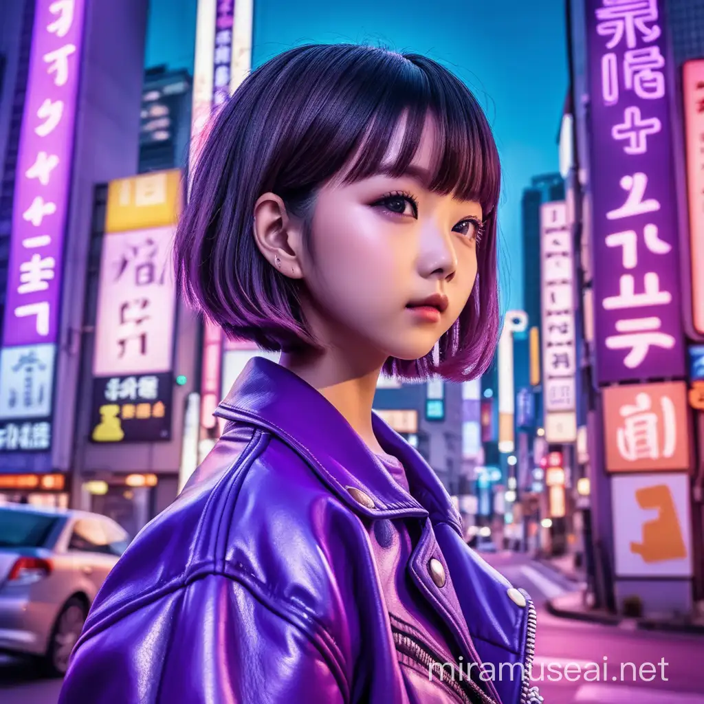 Anime Inspired Portrait ShortHaired Women in Purple Leather Jacket Amidst Neon Cityscape