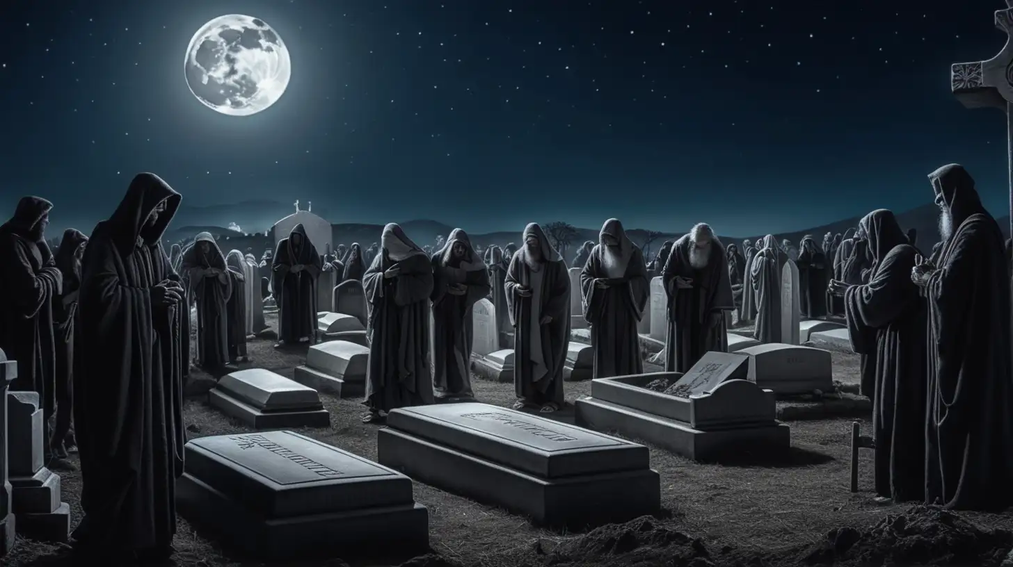 epoque biblique, un enterrement, des hébreux tristes dans un cimetière, les personnes sont tous autour de la tombe, la nuit, lune