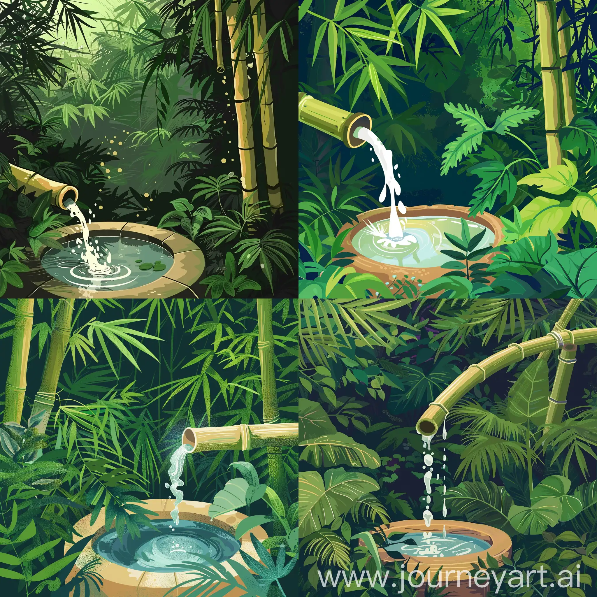 Create an illustration depicting a tranquil scene with a bamboo fountain leaking water, surrounded by lush greenery, embodying the essence of spa relaxation and wellness.