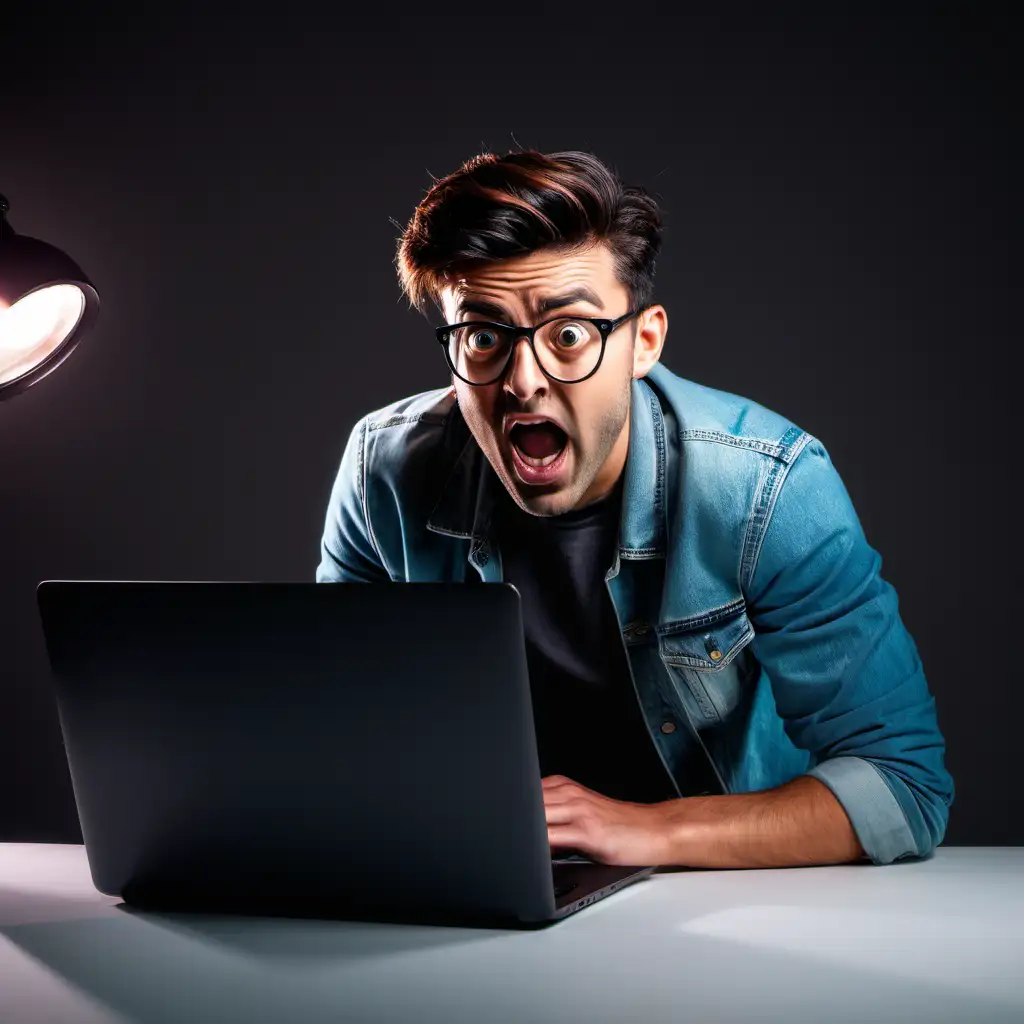 an influencer working on a laptop in a studio with professional lighning. his expression is very suprised, as he is looking at the laptop