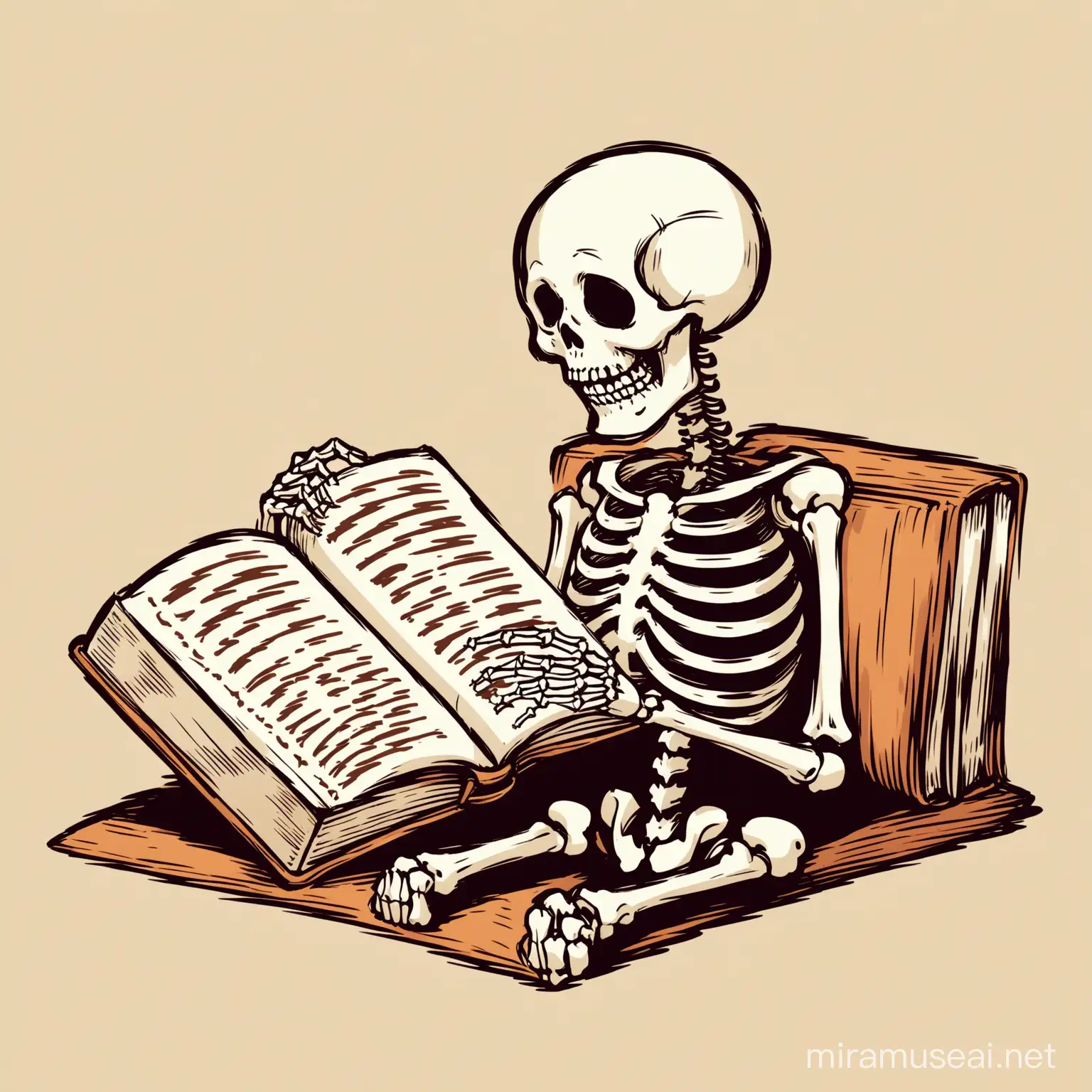 Skeleton reading book cartoon