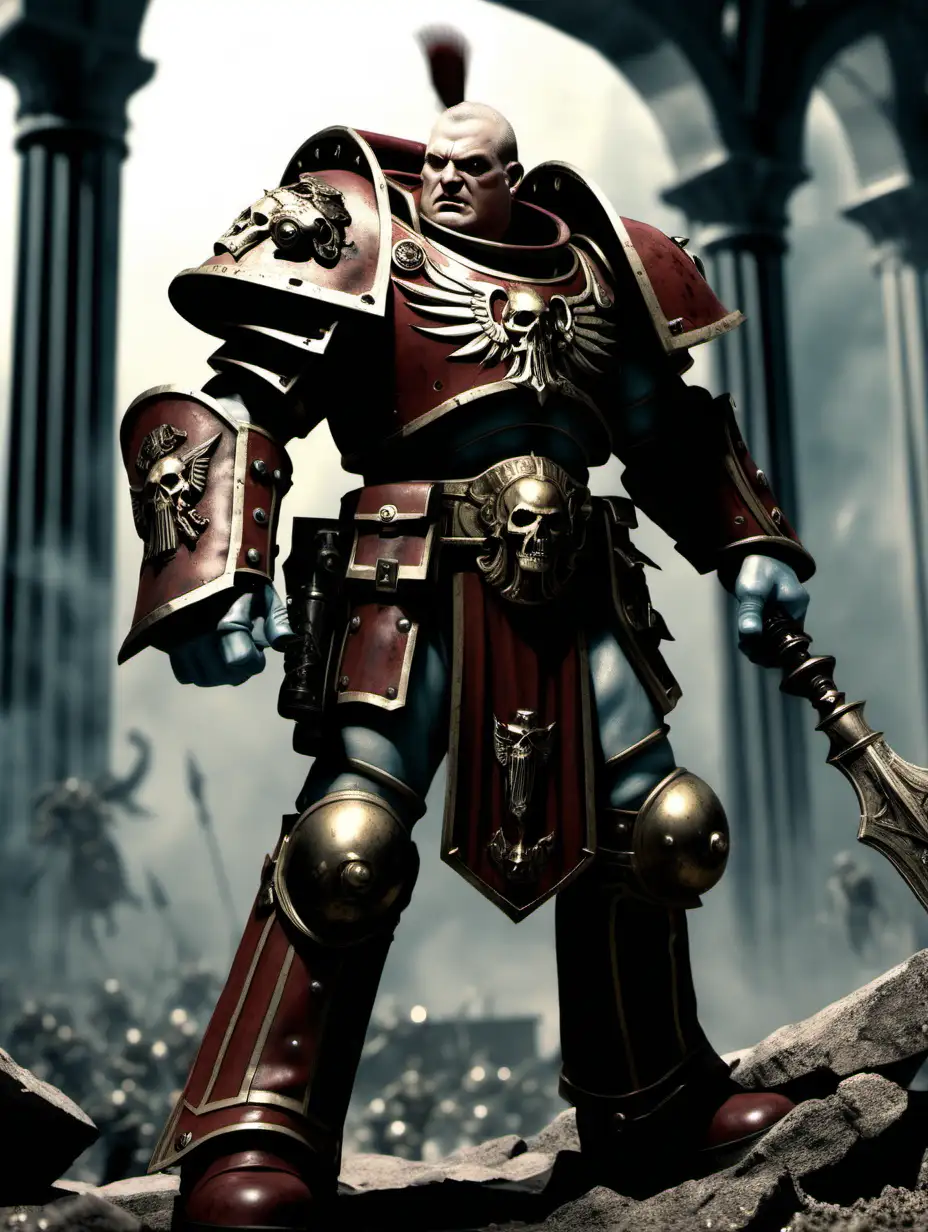 (cinematic lighting) Titus is Warhammer 40000 character he begins his life on the Agri-World of Tarentus in Ultramar. After being recruited by the Chapter, he passed initial training and became the best of his fellow recruits by excelling at every challenge. It was upon his first taste of combat as a Scout that Titus knew this was his place in life. Titus knew he was fighting a holy battle for the Imperium which caused his spirit to soar along with the fact that combat was as natural to him as breathing, Warhammer world at the background, intricate details, detailed face, detailed eyes, hyper realistic photography,