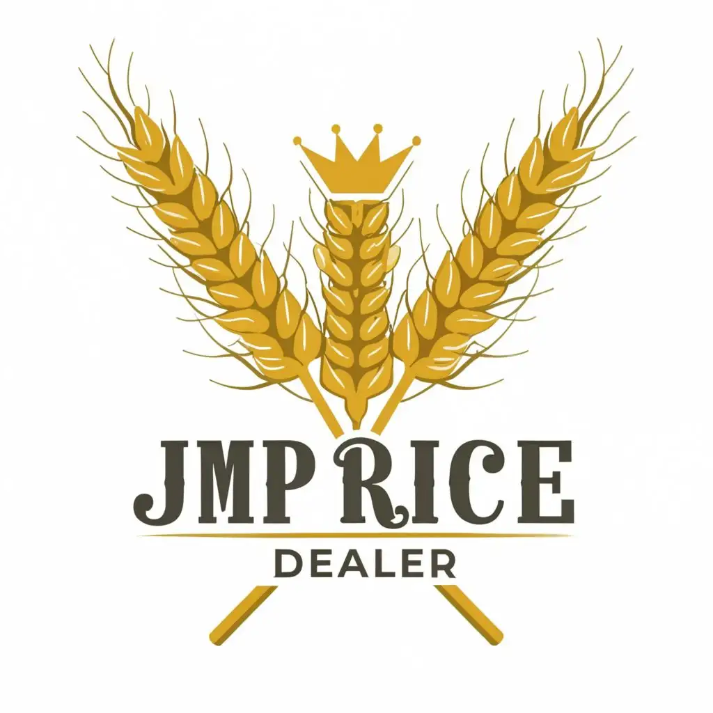 logo, wheat and Grains with crown, with the text "JMP Rice Dealer", typography