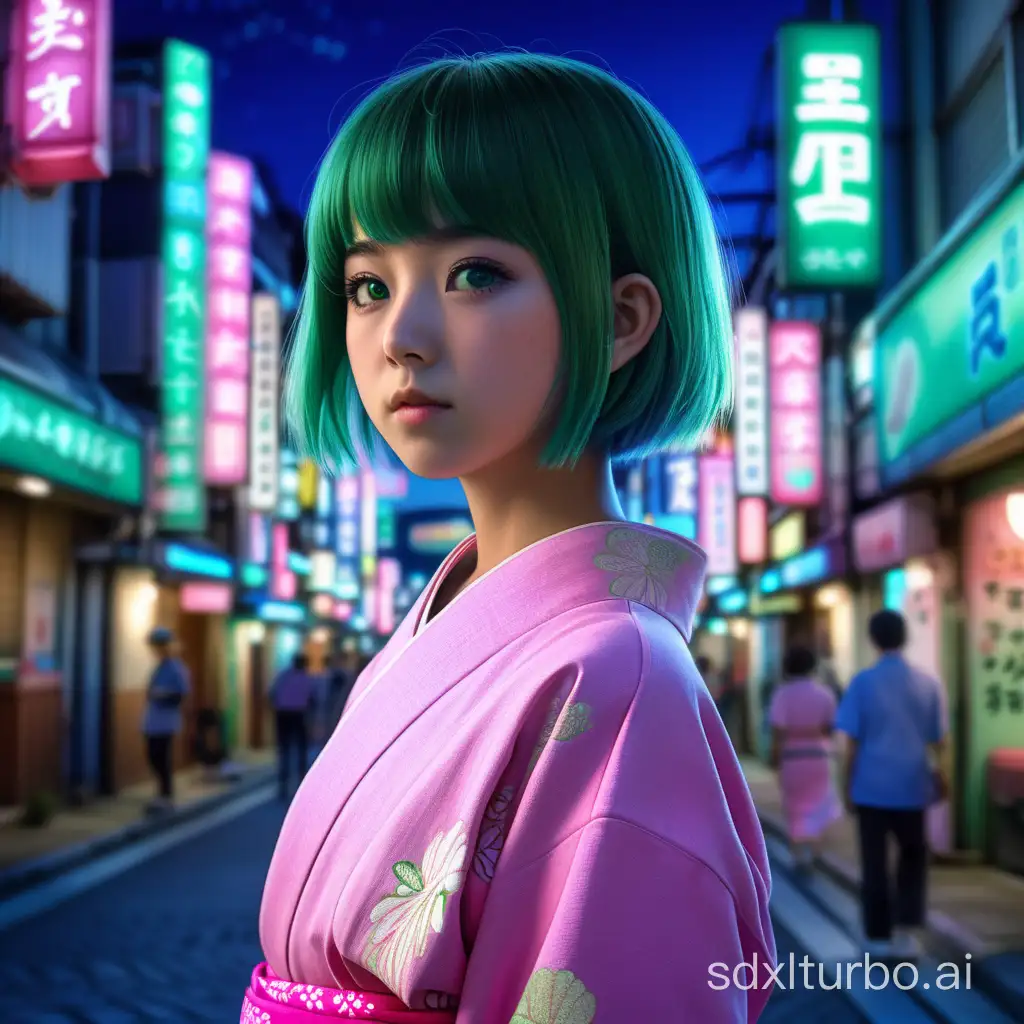 1. A photorealistic portrait of a 20-year-old Japanese girl with short green hair and matching green eyes, dressed in a pink Japanese yukata. She is standing in the streets of Japan with a blurred background of blue neon lights, looking backward with a contemplative expression.8k realistic