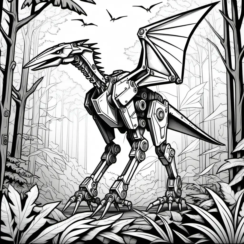 pterodactyl mech coloring book style, thick lines, no shading, with a forest background