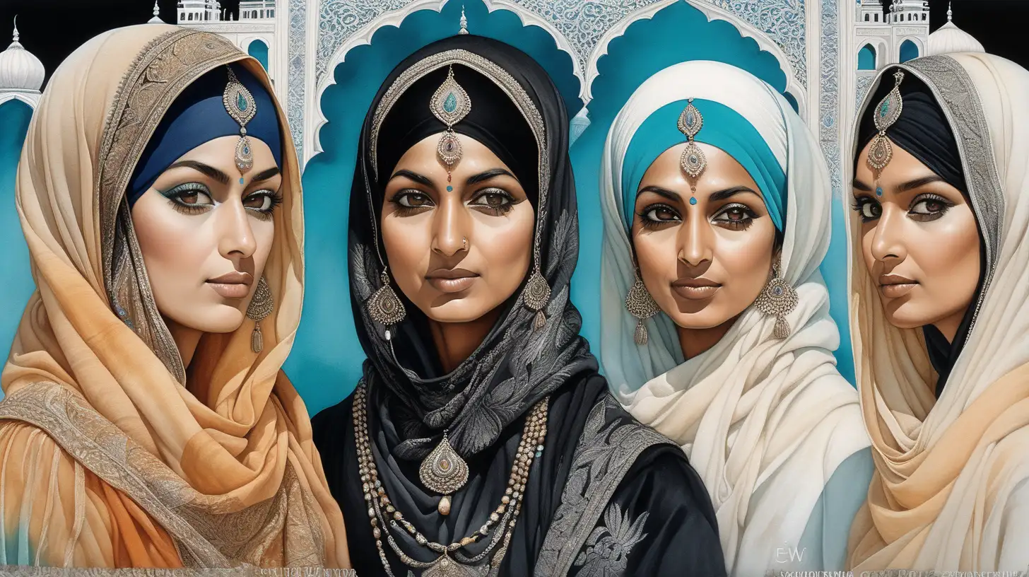 3 sikh women (no facial hair), watercolor, intricate details, art landscape, colour scheme centred on vibrant cream, white, ochre, aqua against a stark black, black negative space, backdrop, chiaroscuro enhancing the intricate details, in a digital Rendering “v6”