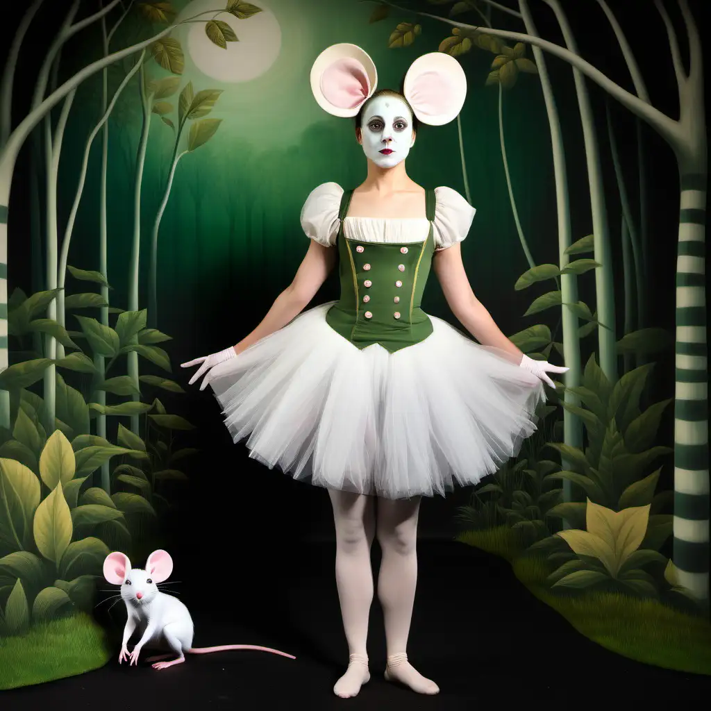 female theater costume, based on henri rousseau's Dream Garden, white mouse, theatrical makeup on actress, tutu, leggins



