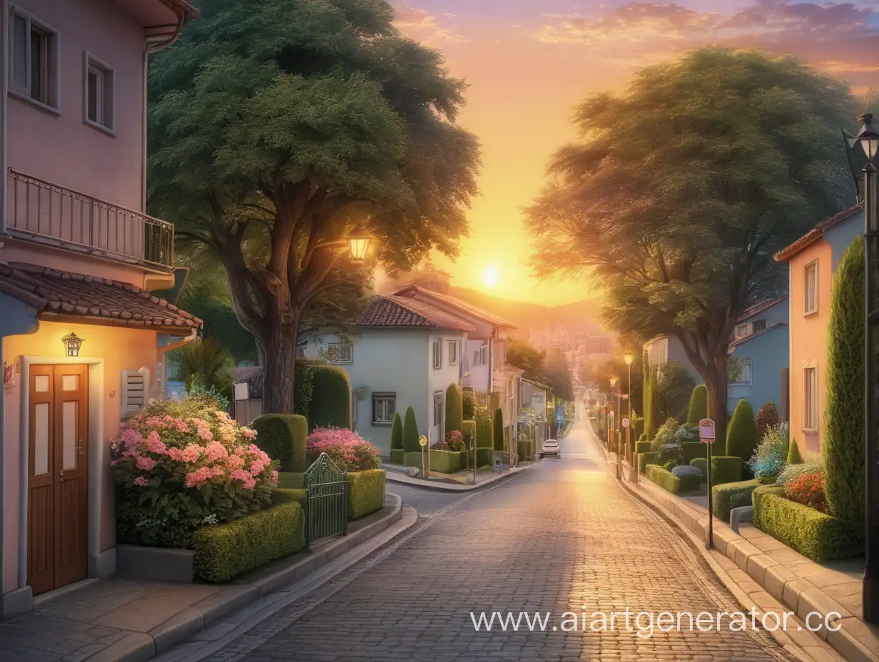 Tranquil-Sunset-Street-with-Cozy-Gardens-and-Romantic-Views