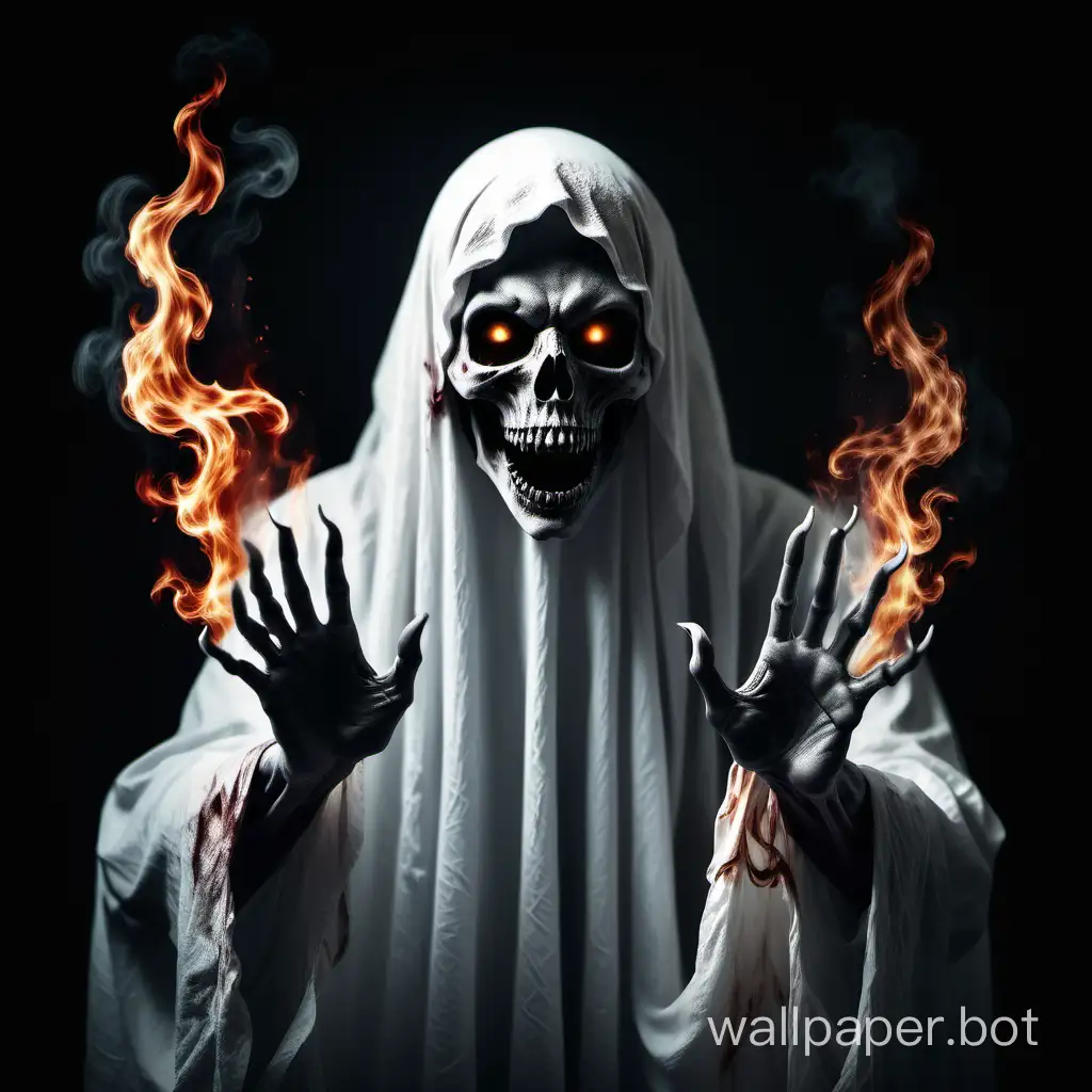 evil scary ghost, releasing fire from bone hands