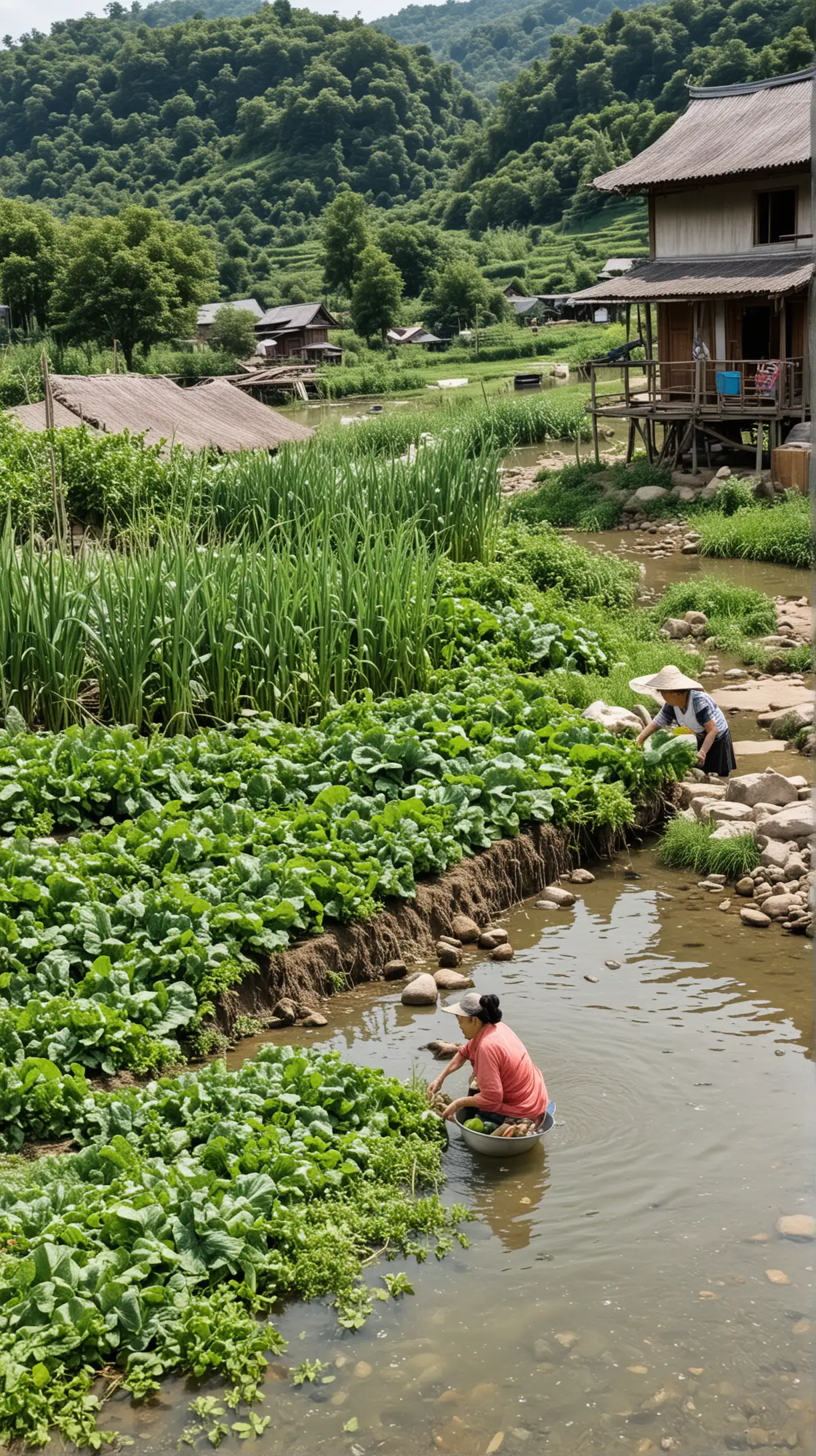 Elderly Asian Woman Washing Vegetables by River in Summer Setting