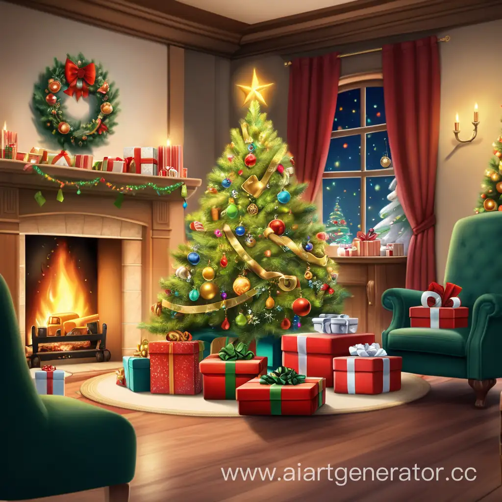 Рождество, рождественская елка, подарки под столом, камин