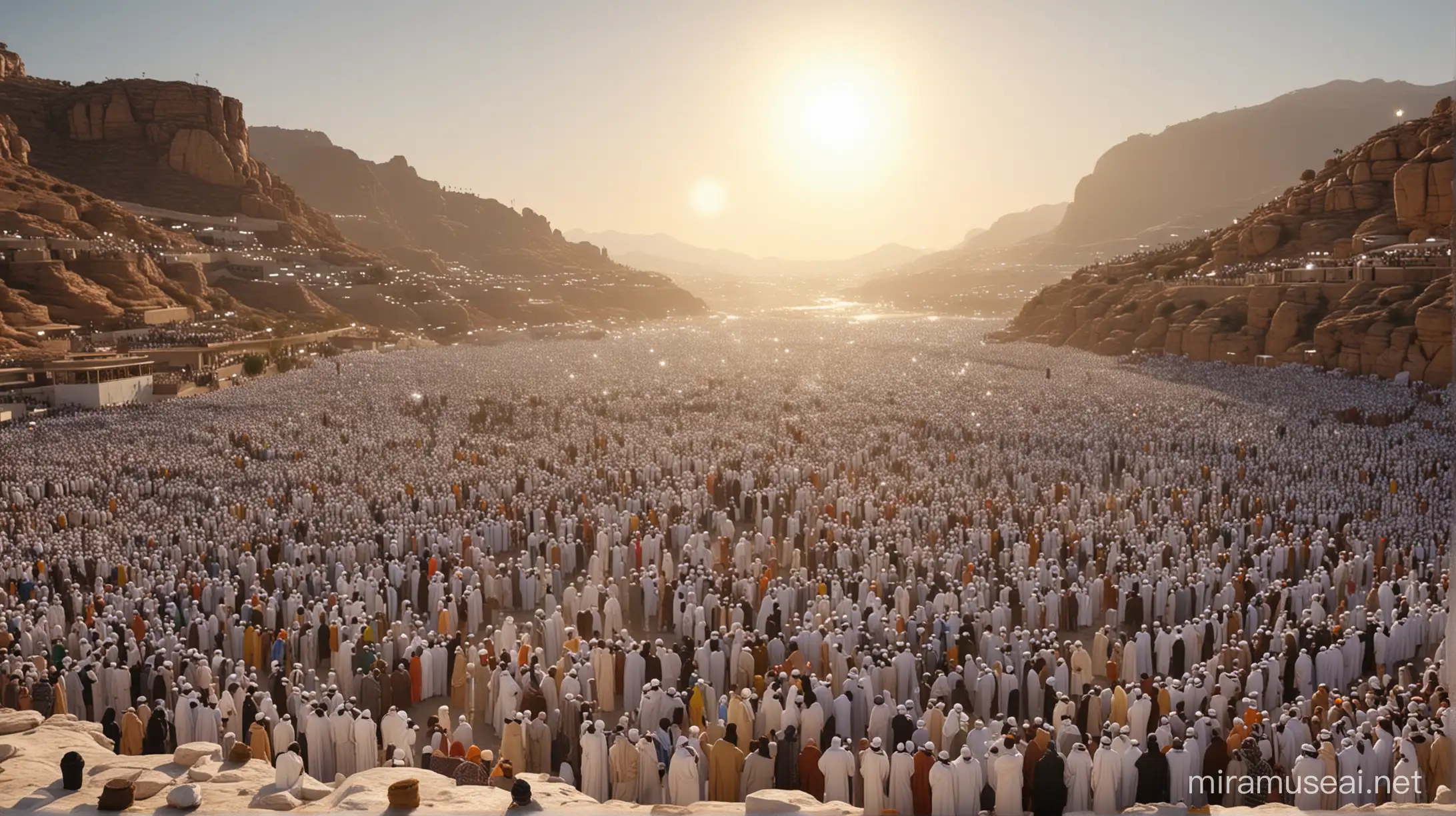 A Realistic vivid detail image  of prophet muhammad standing infront of Muslim crowds delivering last sermon of his life also known as farewell pilgrimage  in the year 623 A.D. in the Uranah valley of Mount Arafat. The  white sunny neon and huge neon lights of Sun in the sky, its color shadow on the valley of that mount. Sad Atmosphere and cinematic. The sun
in sky shining its reflections on the  realistic arafat  mountain.
All overall sad and sunny white theme.
3D.  Summer, ultra-high quality, detailed, 8K, vector illustration.