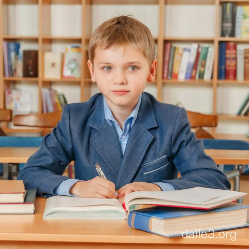  русский ученик 4 класса в синей школьной форме  сидит за партой с книгами и школьными принадлежностями