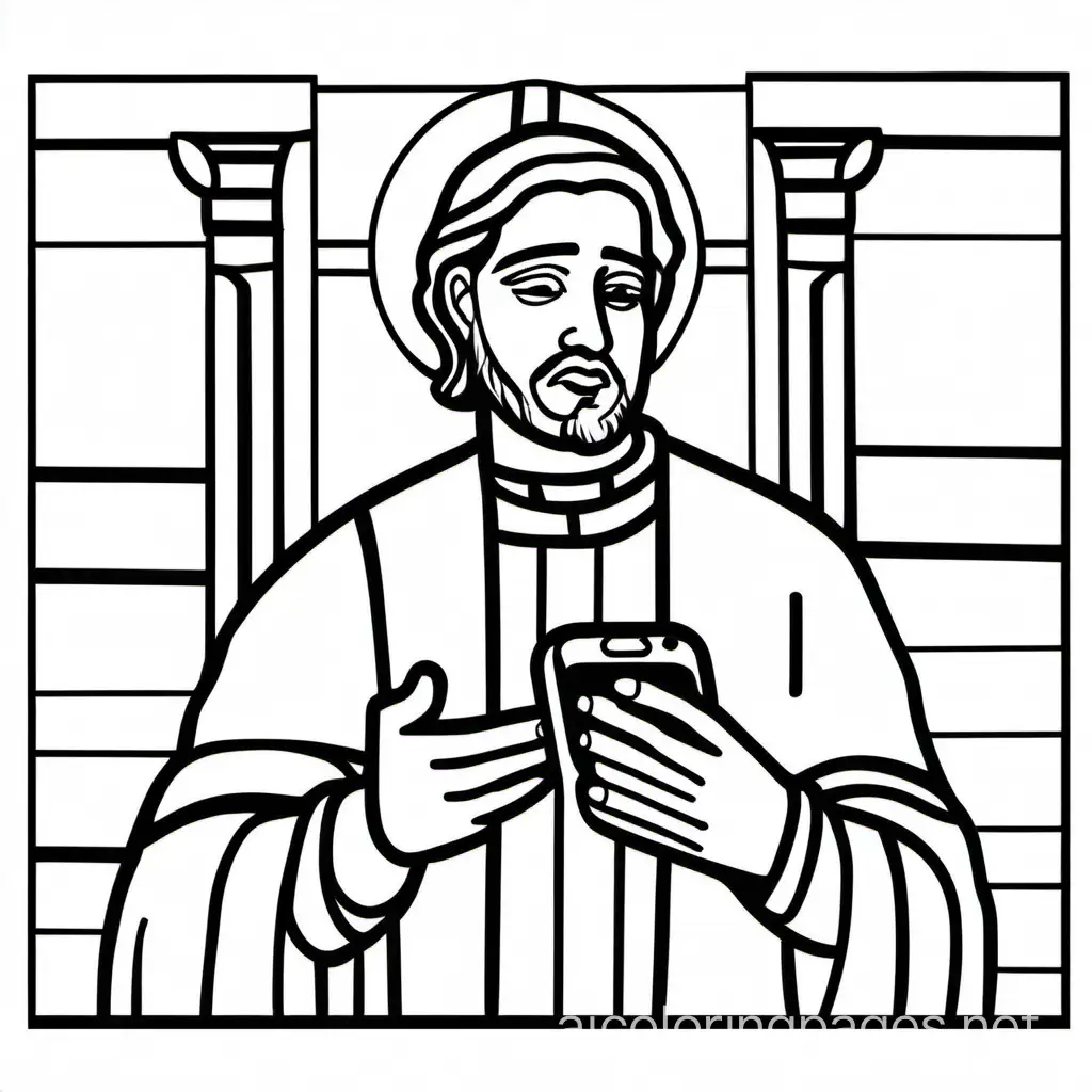 desenhe um religioso mexendo no celular, Coloring Page, black and white, line art, white background, Simplicity, Ample White Space. The background of the coloring page is plain white to make it easy for young children to color within the lines. The outlines of all the subjects are easy to distinguish, making it simple for kids to color without too much difficulty