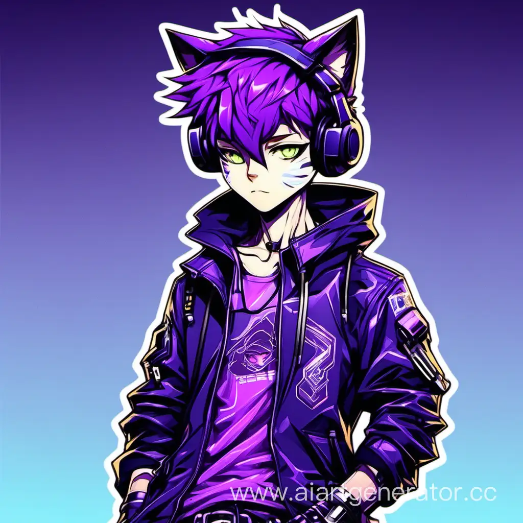 Vtuber Кошко-парень фиолетовый в стиле киберпанк 