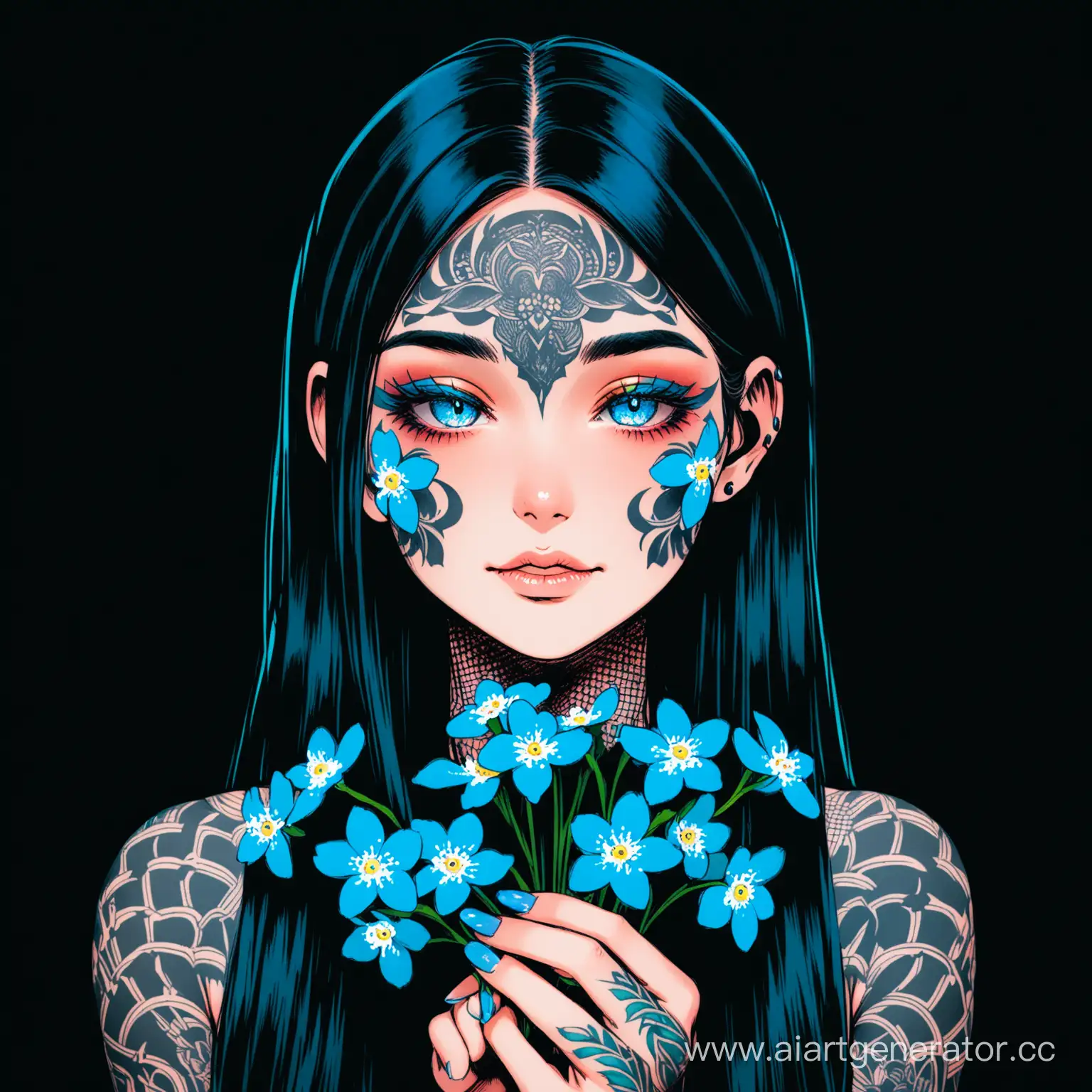 Girl-with-ForgetMeNots-Vibrant-Portrait-on-Neon-Black-Background