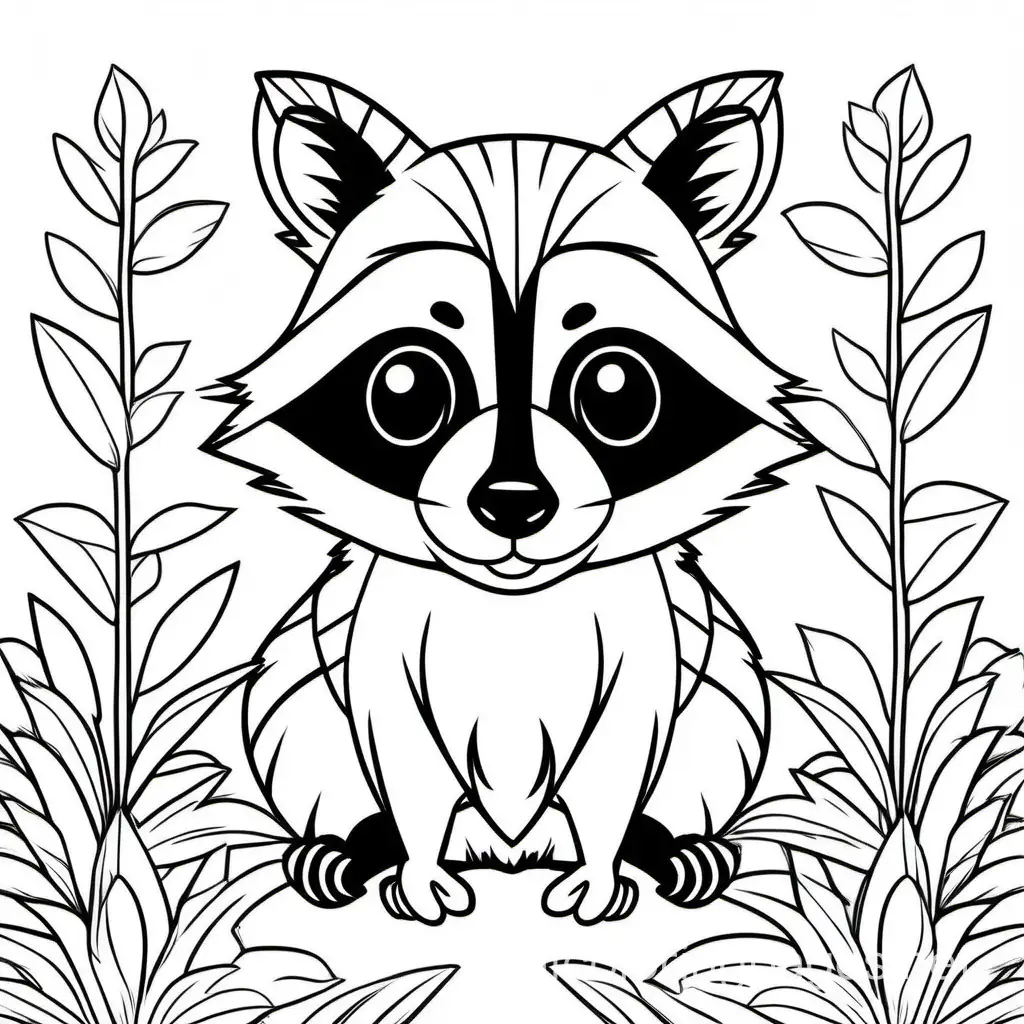 the Raccoon, Coloring Page, black and white, line art, white background, Simplicity, Ample White Space. The background of the coloring page is plain white to make it easy for young children to color within the lines. The outlines of all the subjects are easy to distinguish, making it simple for kids to color without too much difficulty