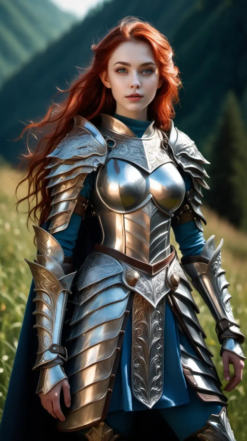 Photo of elf girl in silver armor, super detailed beautiful face, realistic features, delicate skin, radiant eyes, expressive eyebrows, luscious lips, defined cheekbones, flawless complexion, intricate hair strands, vibrant colors, lifelike shadows, high-resolution, impeccable artistry, red hair, long hair, hair down, green eyes, full perfect face, closed mouth, Caucasian face, caucasian facial features, European facial features, face resembles original image, smiling, long elf ears, teen, elegant, cute, beautiful, petite, short hight, mischievous smile, silvery plate armor, clothed legs, long blue wool cloak, fully clothed, blue shirt under armor, blue pants, standing up, female full-skin figure, idyllic mountain background, sunlight, medieval fantasy, extreme detail, sharp focus*m, ultra high quality model, cinematic, hyper realism, detailed fingers, beautiful hands, high resolution, detailed face, detailed eyes, beautiful eyes, Hair Back, Long Hair, Over Shoulder Hair, Wavy Hair, Bangs, Red Hair, Hair Down, Beautiful Detailed Eyes, Bright Big Eyes, Green Eyes, Hyperrealistic Eyes, Ultra Detailed Iris, Light Smile, Pointy Ears, Closed Mouth, Big Lips, Boots, Detailed Breastplate Silver Armor With Dragon Head Engraving, Belt, Amulet, Looking At Viewer, Hands On Hips, Mountain, Grass, Forest, Outdoors, Alps, Clear Day, Scenery, Stunning, Detailed, Noon, Daytime, spring, Sunlight, Cinema Light, Tactical Use Of Shadow, very large pointed ears,
