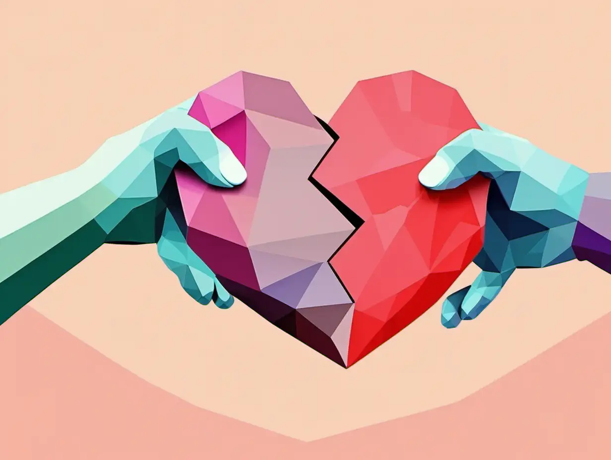 TWO DIFFRENT HANDS  holding a heart mug with two handles FROM EACH SIDE  polygon shapes ILLUSTRATED ART PASTEL colours polygon bACKGROUND