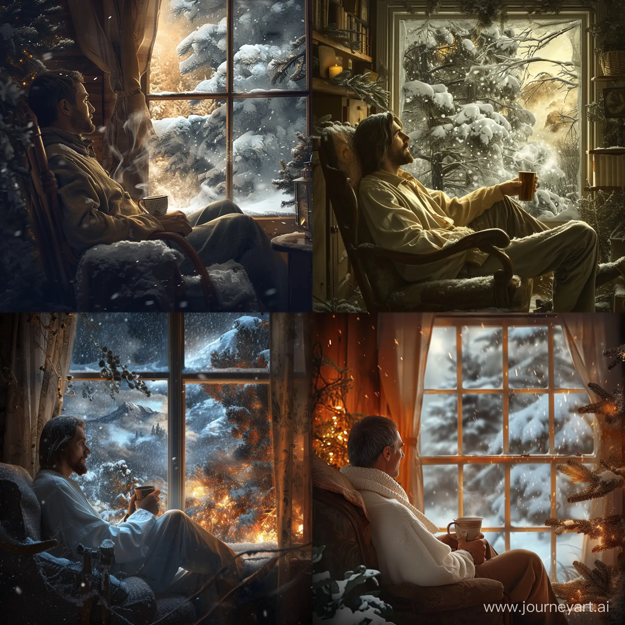 Cozy-Winter-Scene-Man-Enjoying-Hot-Tea-by-the-Window-During-Snowstorm