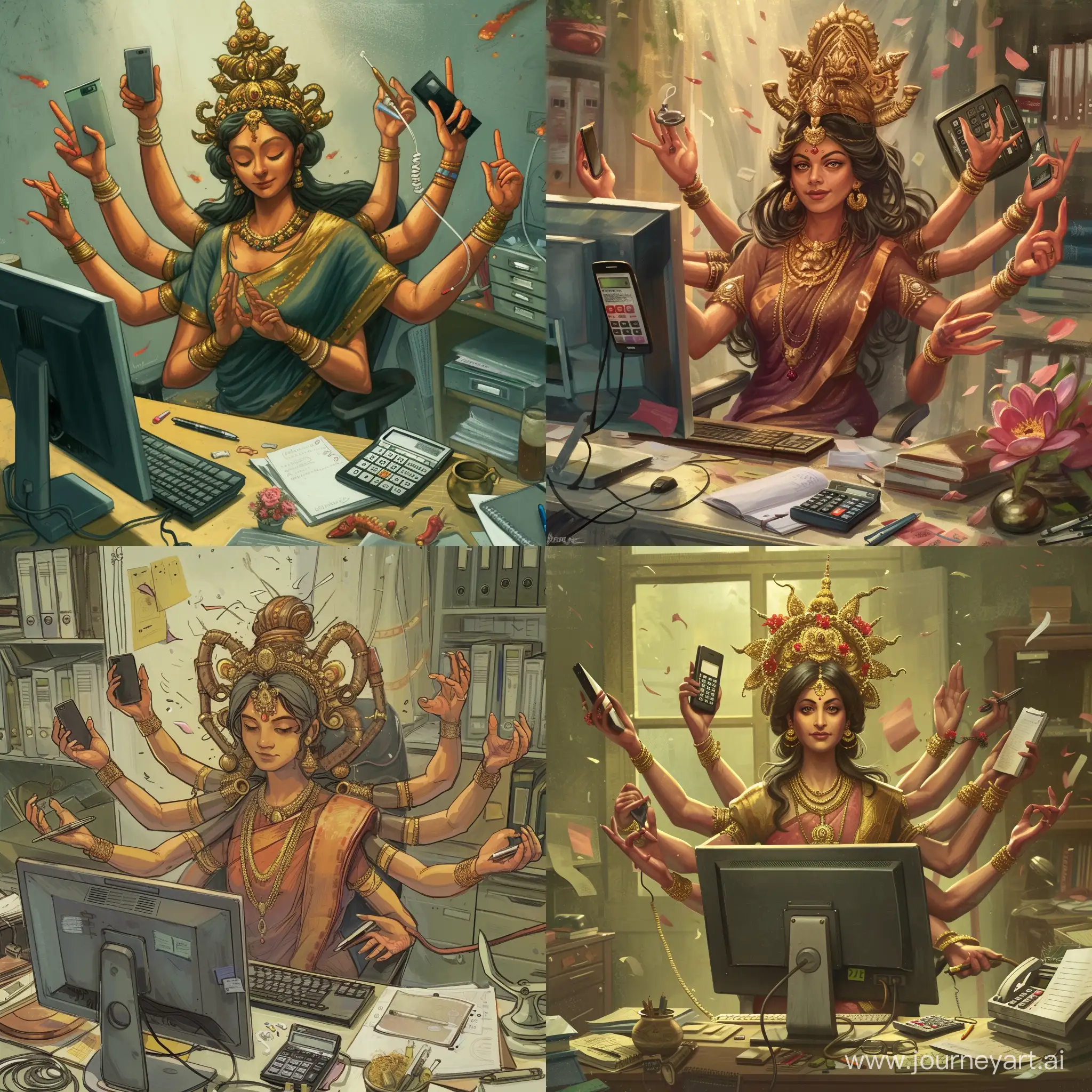 Create an image of a ten-armed goddess in an office room sitting at a computer with a monitor. She has a work phone in one hand, a calculator in the other hand, and a pen and notebook in one hand. There is chaos all around.