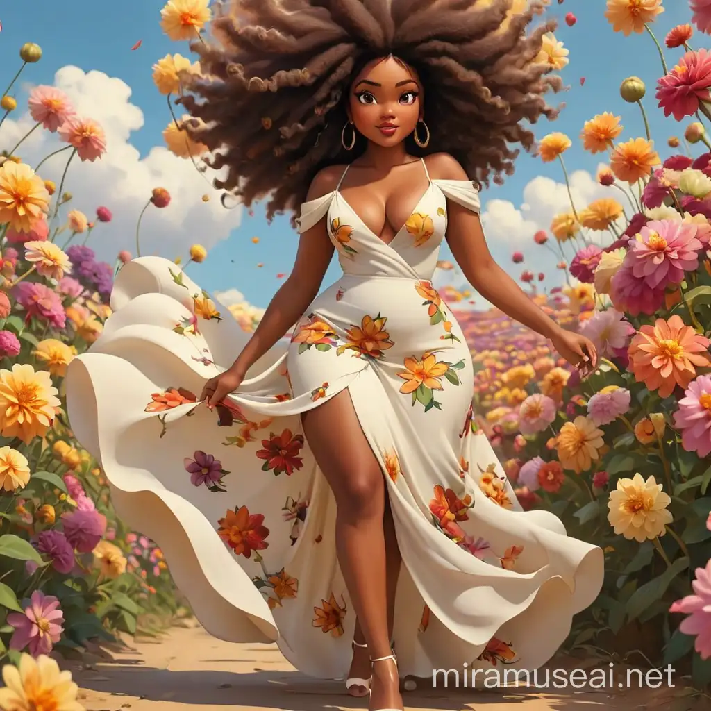 create an abstract cartoon art image of an African curvy female walking gracefully with up to the knee heels and wearing an off-white maxi dress with tons of dahlia flowers connected to her trail while she walk. Prominent makeup and hazel eyes. Highly detailed a very large colorful afro with tons of flowers. 2k