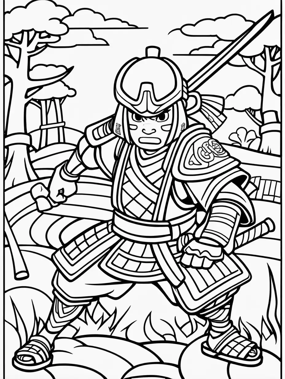 Create samurai's battle cartoon black and white coloring page for kids with thick lines, no shading, low detail.