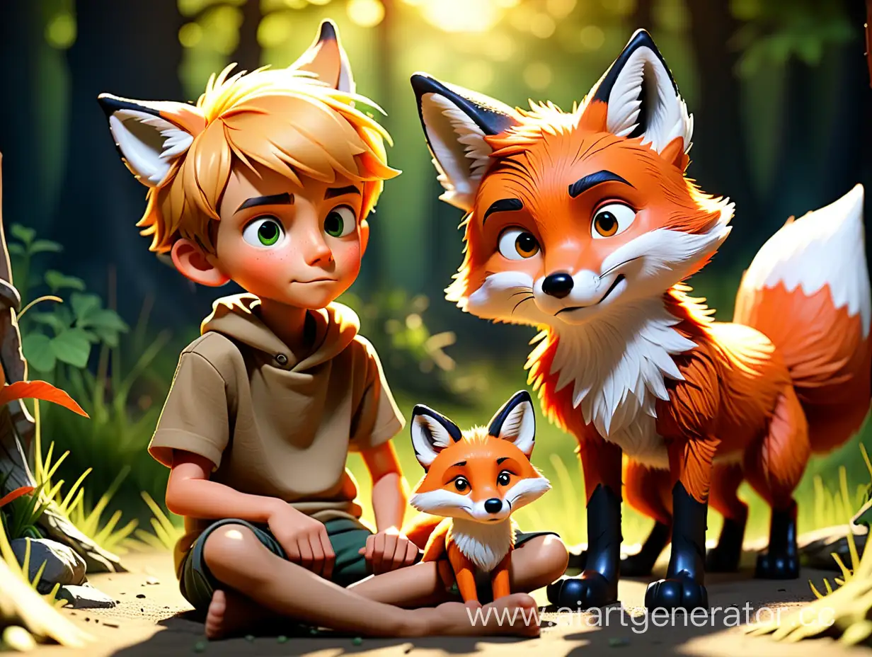Adventurous-Boy-with-His-Playful-Fox-Companion