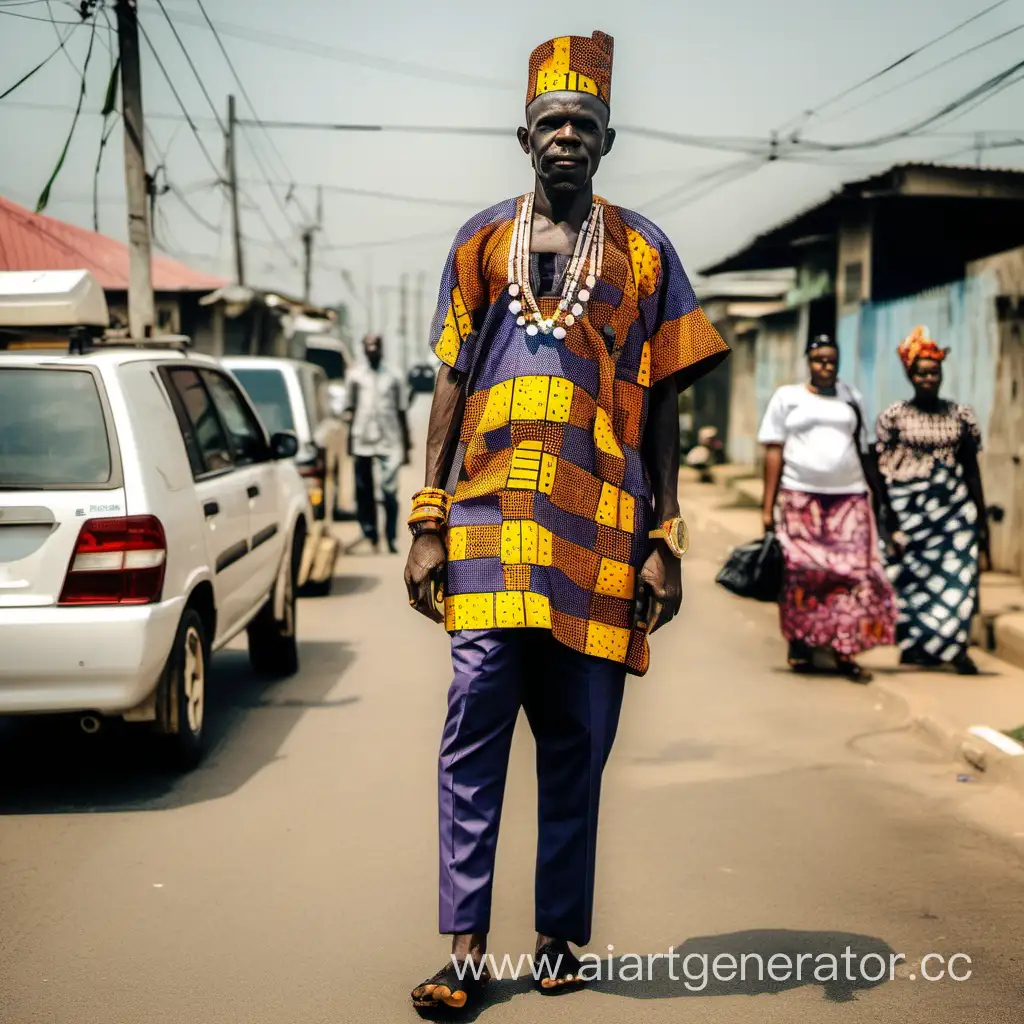 a african man resident of the city of Lagos with the characteristic symbols of the country in her clothes and surroundings