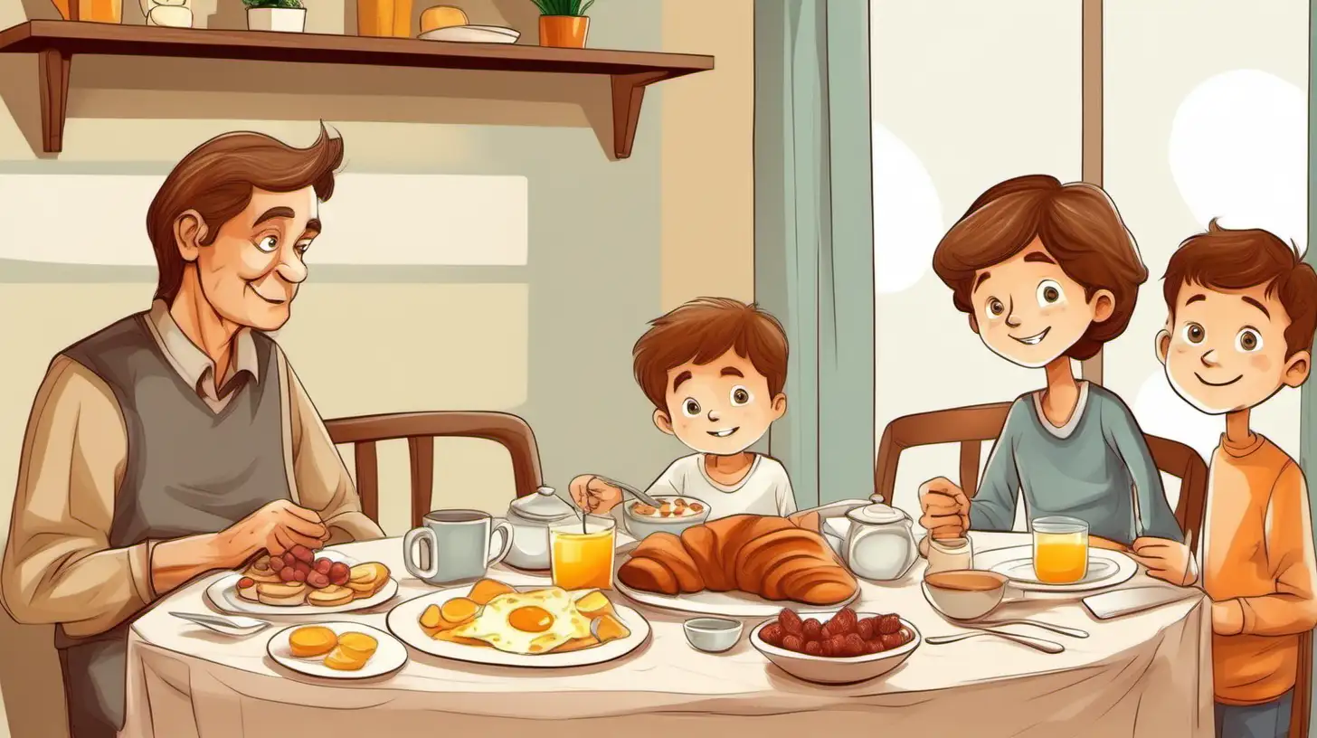 illustrate a ten years old brown hair boy and his family , grandmother and grandfather in breakfast
