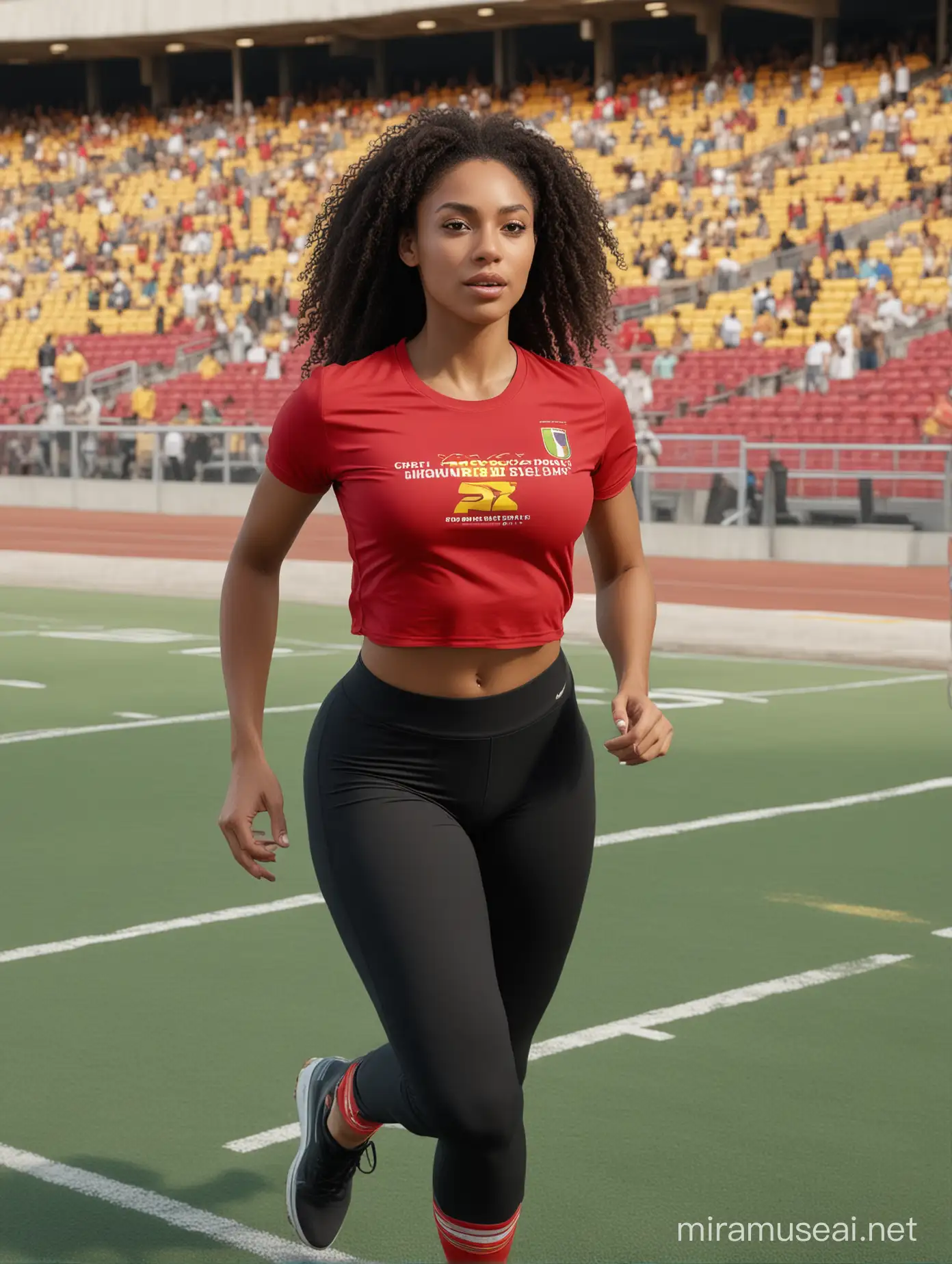 A hyperreal, photographic, 8k sharp focus,digital image Full-body shot,of a very beautiful carribean woman mixed race in is running in a stadium, green red and yellow sport clothing,A hyperreal, photographic, 8k sharp focus,digital image very beautiful african american woman mixed race wearing a a casual black tee-shirt written *GUADELOUPE*(spelled correctly) and a black pants, Full-body shot. standing next to a car. Photorealistic, ultra realistic, Hyperrealistic, Hyperdetailed, Realistic photo, candid celebrity shots, uhd image, natural beauty --ar 69:128 --s 750 --v 5. 2 