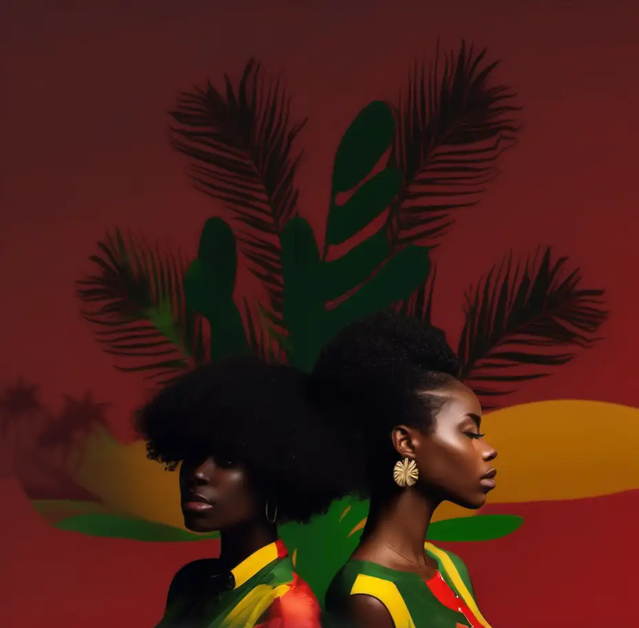 black woman
red, yellow and green background
hair is natural  in the shape of palm trees
use something similar to the image
no watermark
more animate
two beautiful woman 
make sure tp have palm trees
