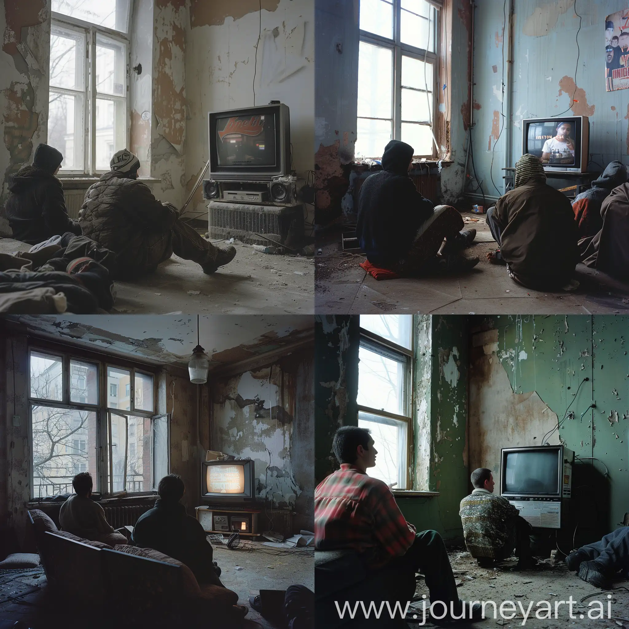 Наркоманы волонтеры смотрят телевизор на старой квартире