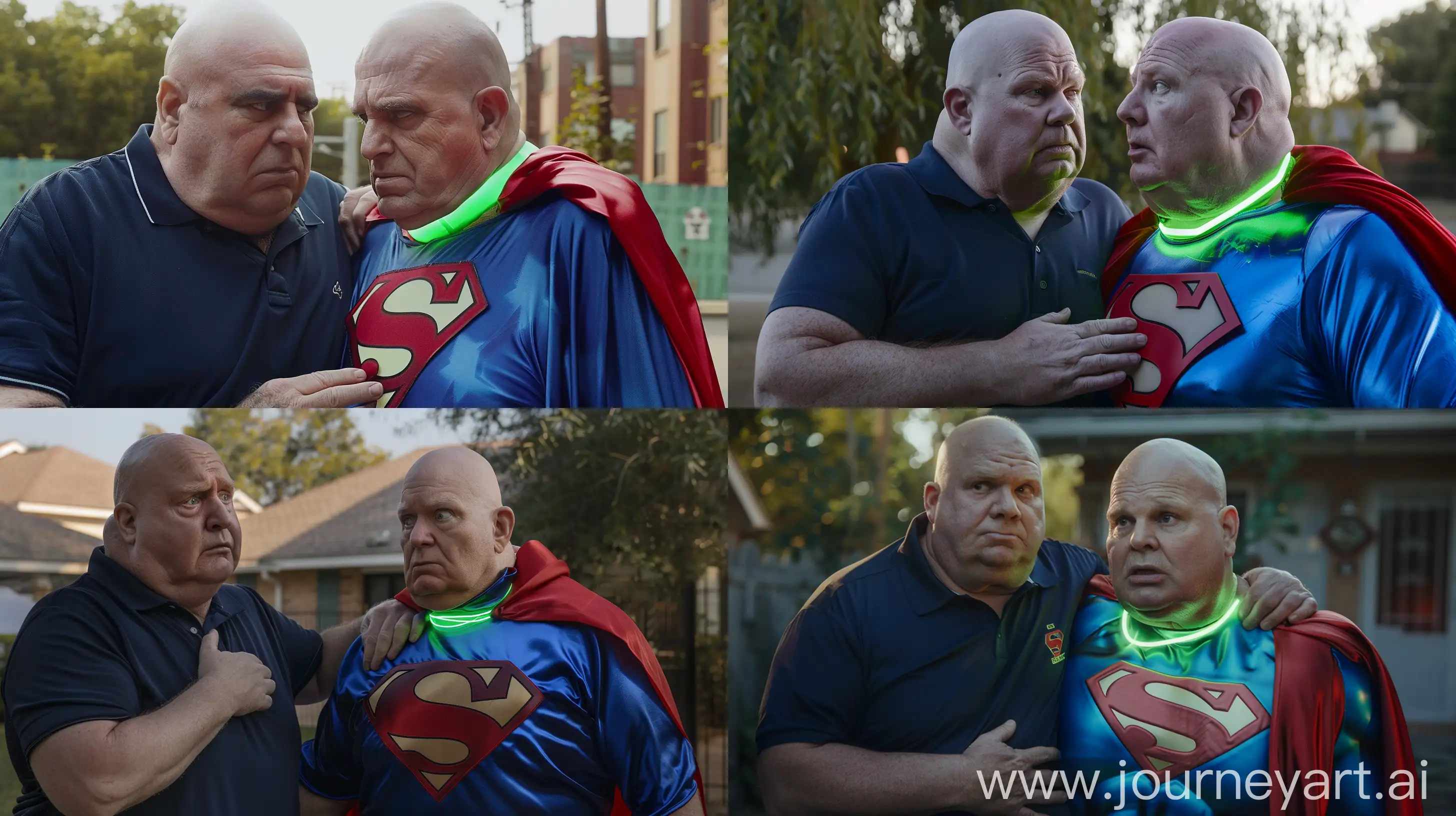 Close-up photo of two men. On the left is a fat man aged 60 wearing a silk navy sport polo shirt. On the right is a very fat man aged 60 who is wearing a tight silk blue complete superman costume with a red cape and a tight green glowing neon dog collar. The man on the right looks very weak and tired and has trouble standing up. The man on the left has his hand on the chest of the man on the right. Outside. Bald --style raw --ar 16:9
