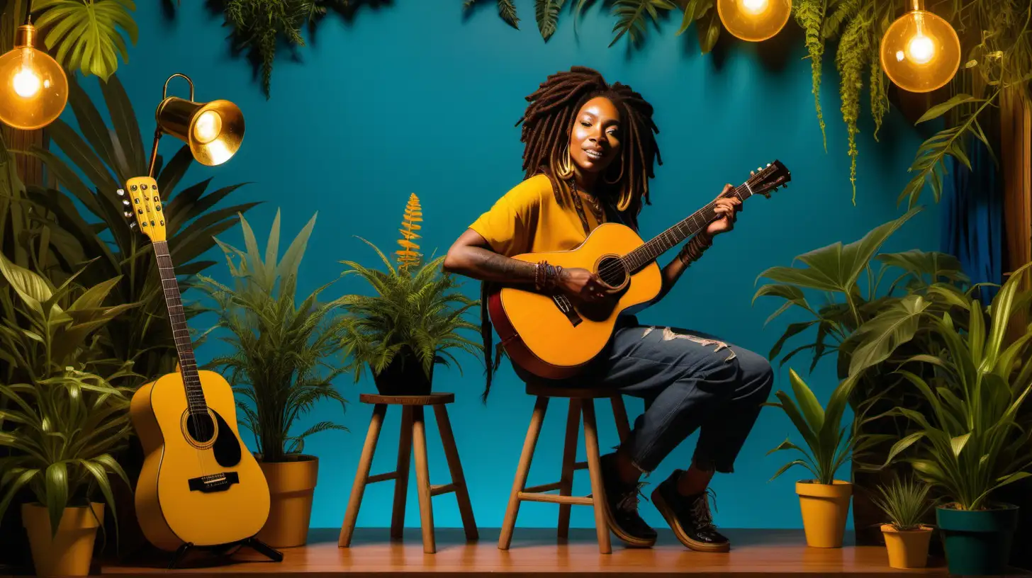 An illustration studio backdrop with blue  coloured background with greenery in the background on both the left and right with a variety of plants, with a Black woman with bob length dreadlocs on a wooden stool playing a guitar, a golden ambiance created with yellow strobe lights mixed with the plants
