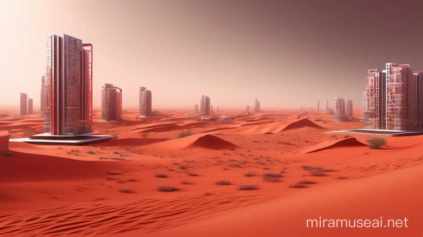 desert, technologically advanced, red sand, modern buildings