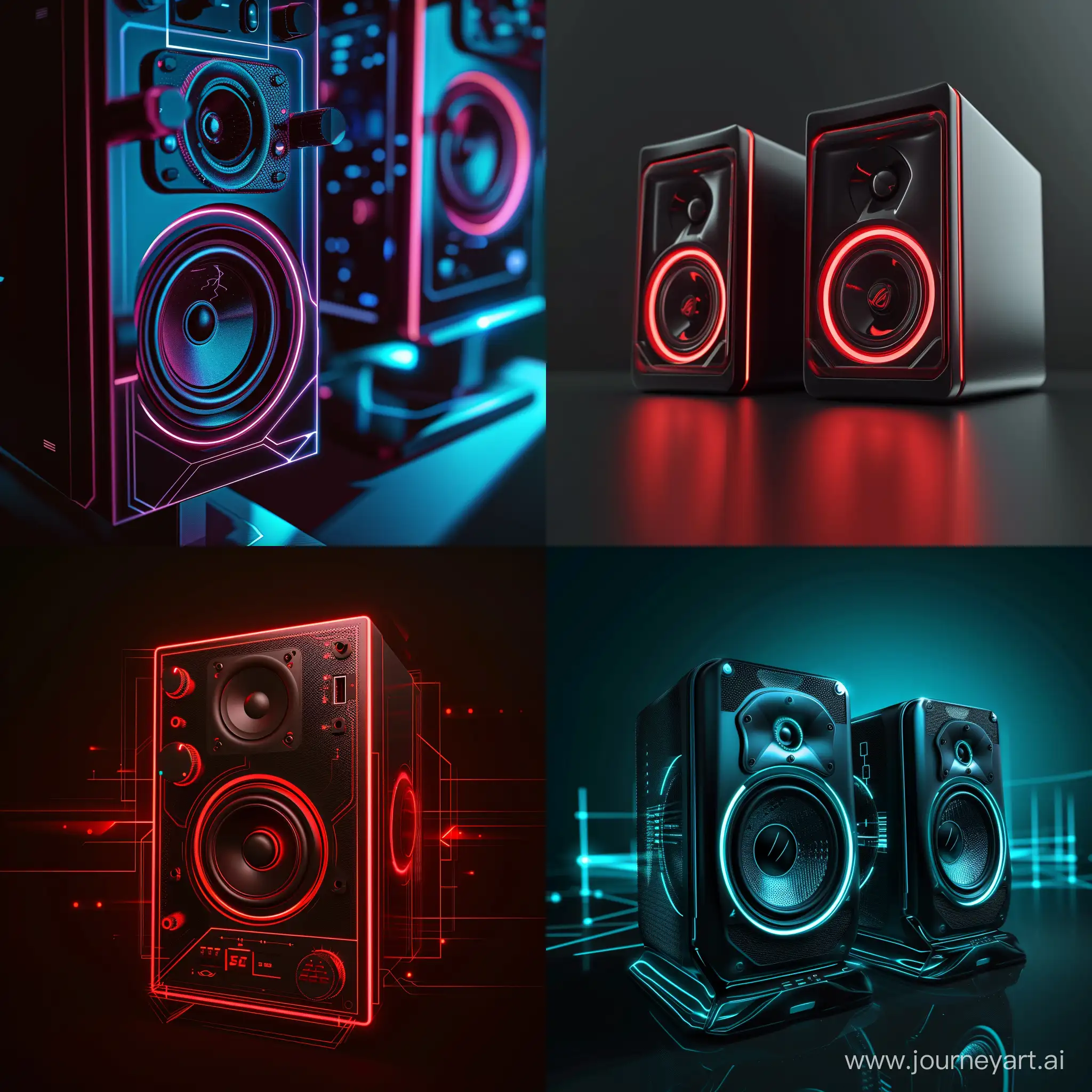 Futuristic PC speakers, in cinematic futuristic cybernetic style, in cinematic futuristic cyber style --v 6 --ar 1:1 --no 11562