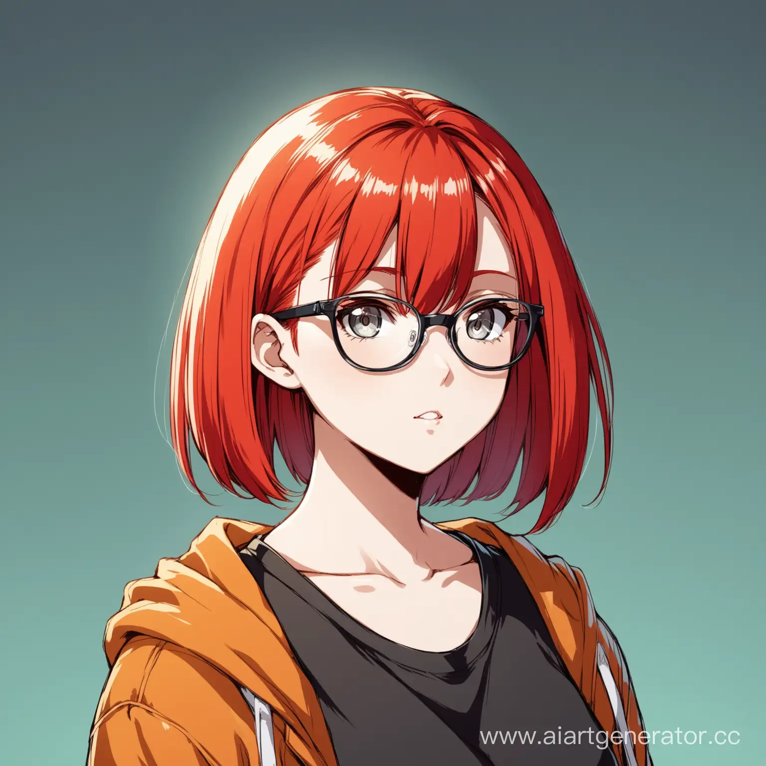 Девушка 20 лет, с короткими ярко-красными волосами и выбритыми висками, серыми глазами, в очках, в стиле аниме