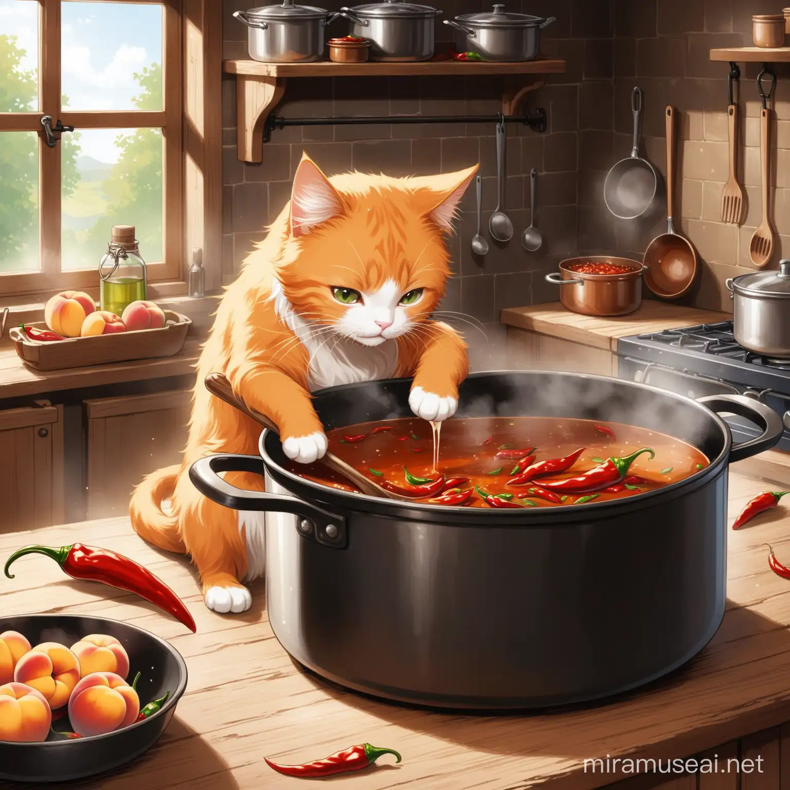 An orange cat in a rustic kitchen, stirring a large pot filled with chillis and peaches