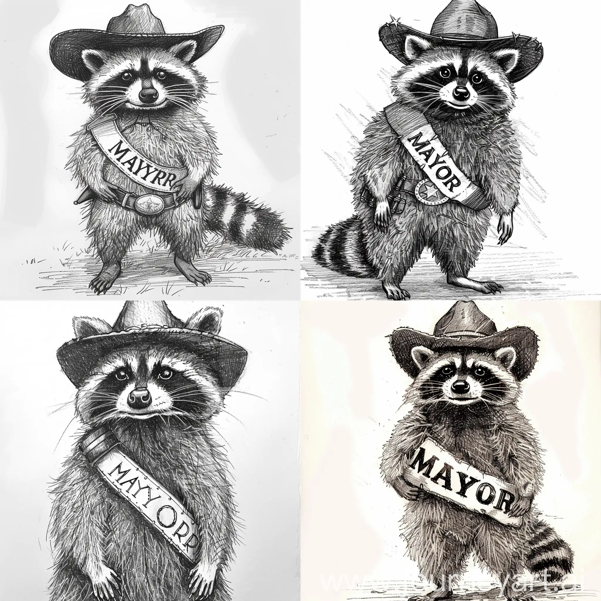 Your task is to create a hand-drawn sketch of a raccoon , standing confidently with an innocent expression, looking directly at the viewer.
The raccoon should be wearing a classic Western-style cowboy hat, and a sash across its chest that reads "MAYOR" in bold letters.

The sketch should be in black and white, with an amateur, unpolished style that gives it a charming, handmade feel.
